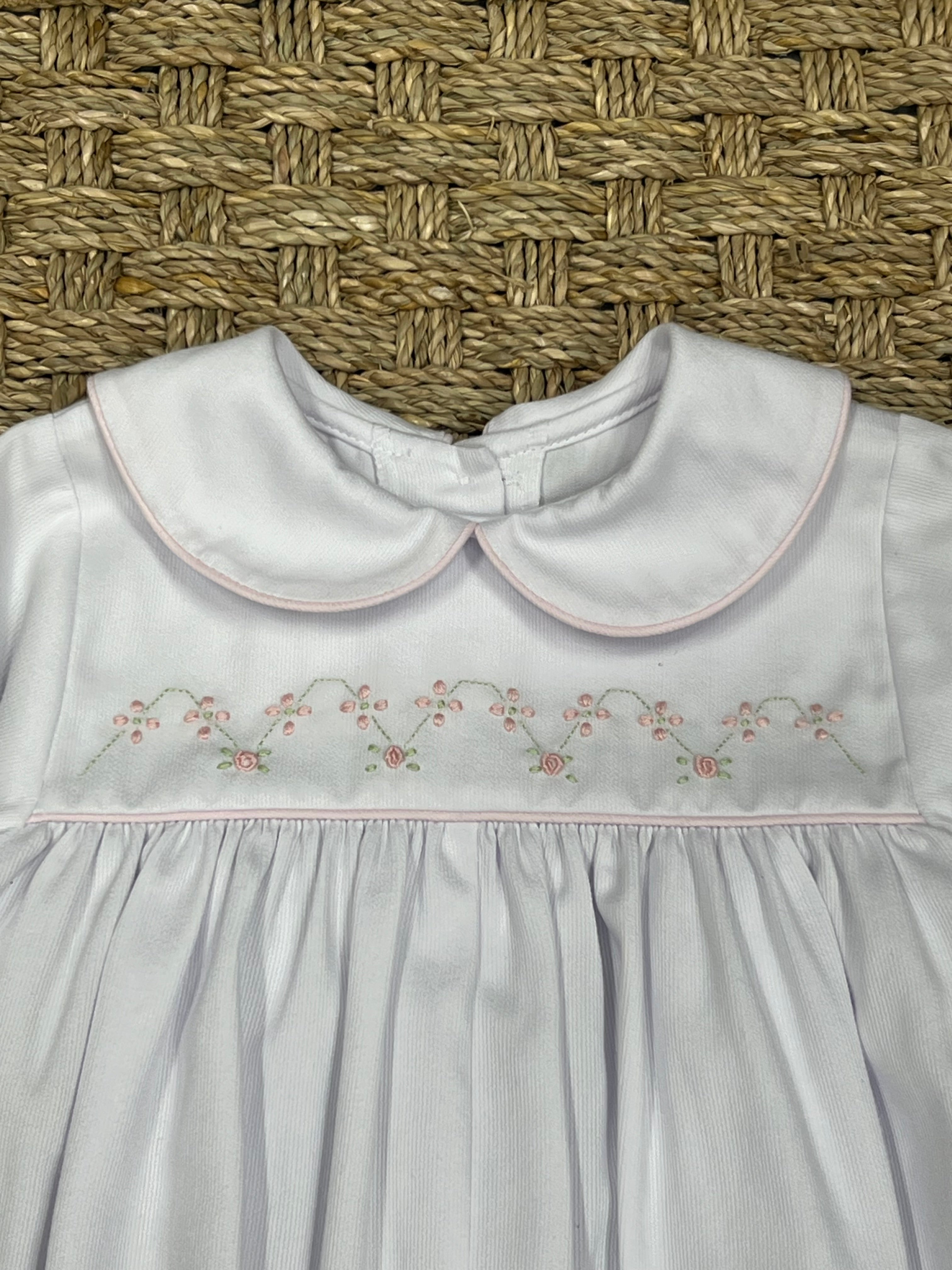 Auraluz White Pique Longall with Pink Zig Zag Flower Embroidery