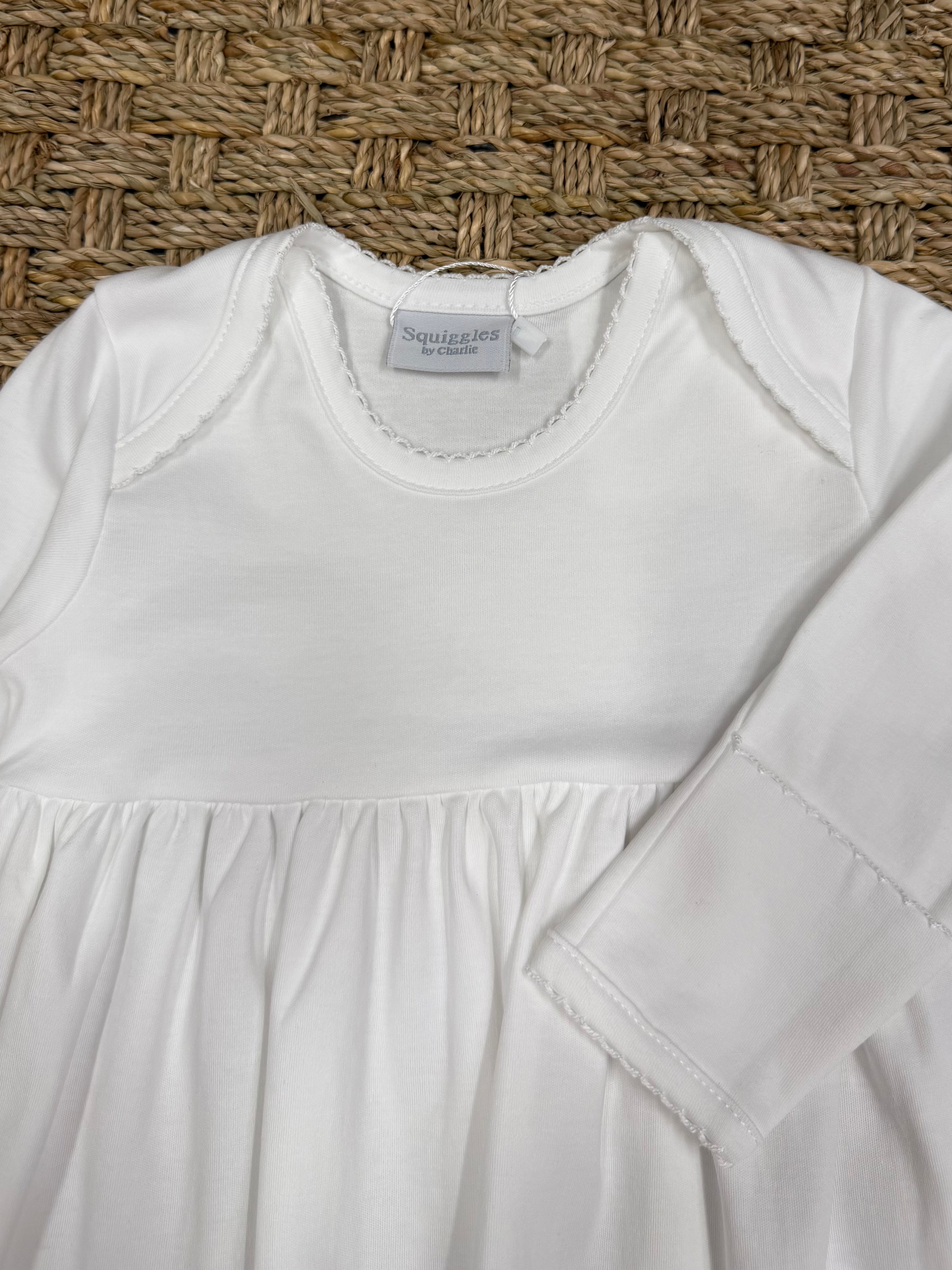 Squiggles White Lap Shoulder Gown with White Picot Trim