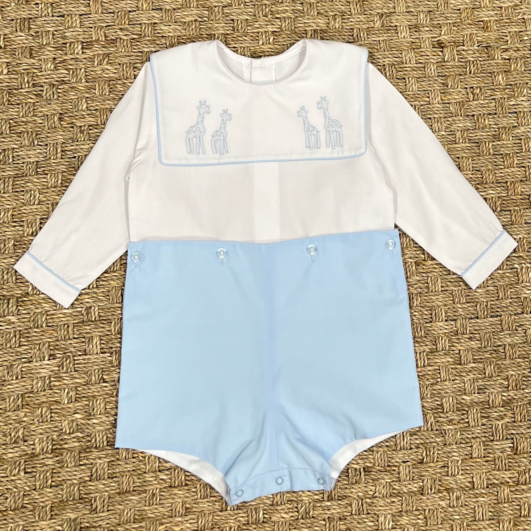 Auraluz Blue Boysuit with Blue Giraffe Embroidery