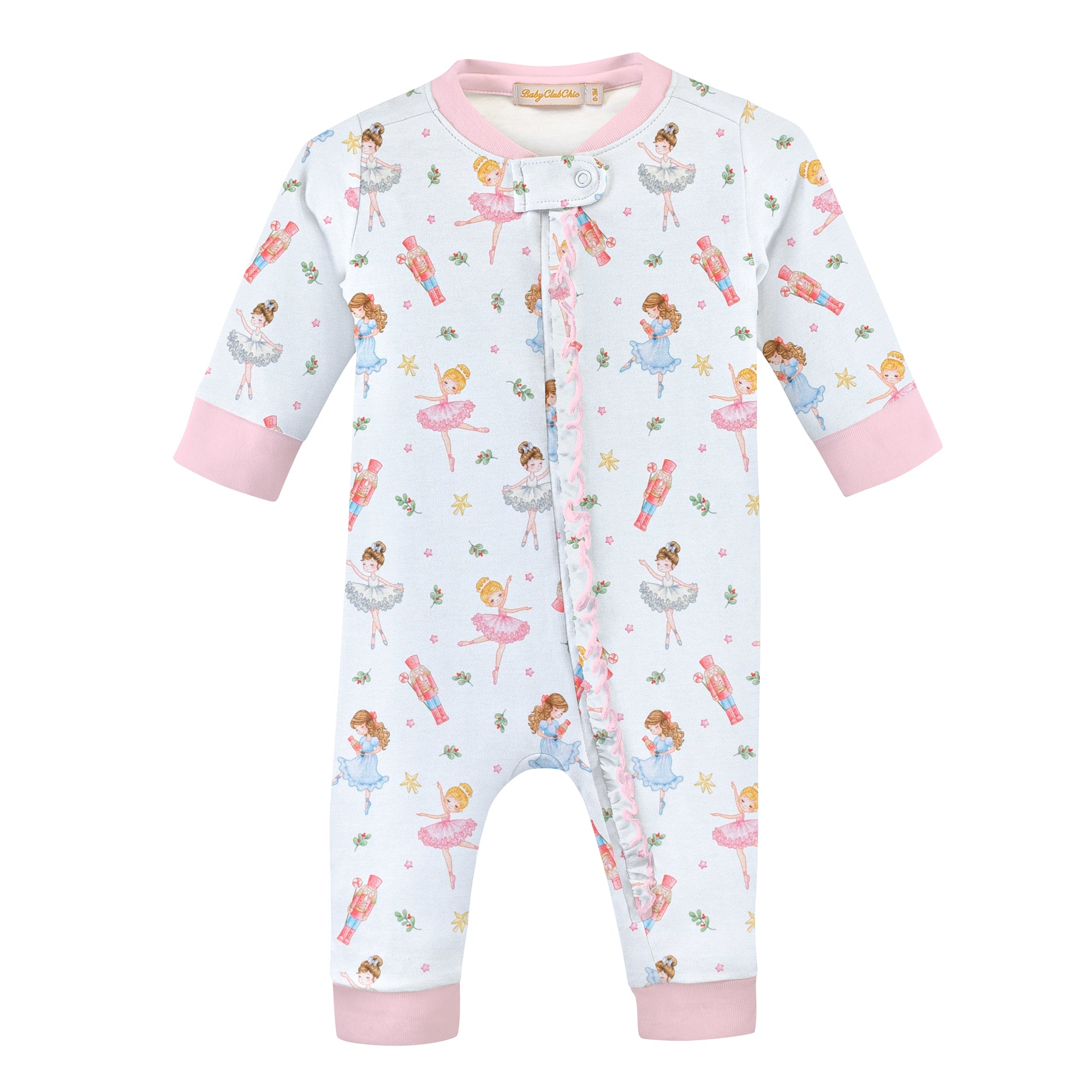 Baby Club Chic Pink Nutcracker Printed Zipped Coverall with Ruffles