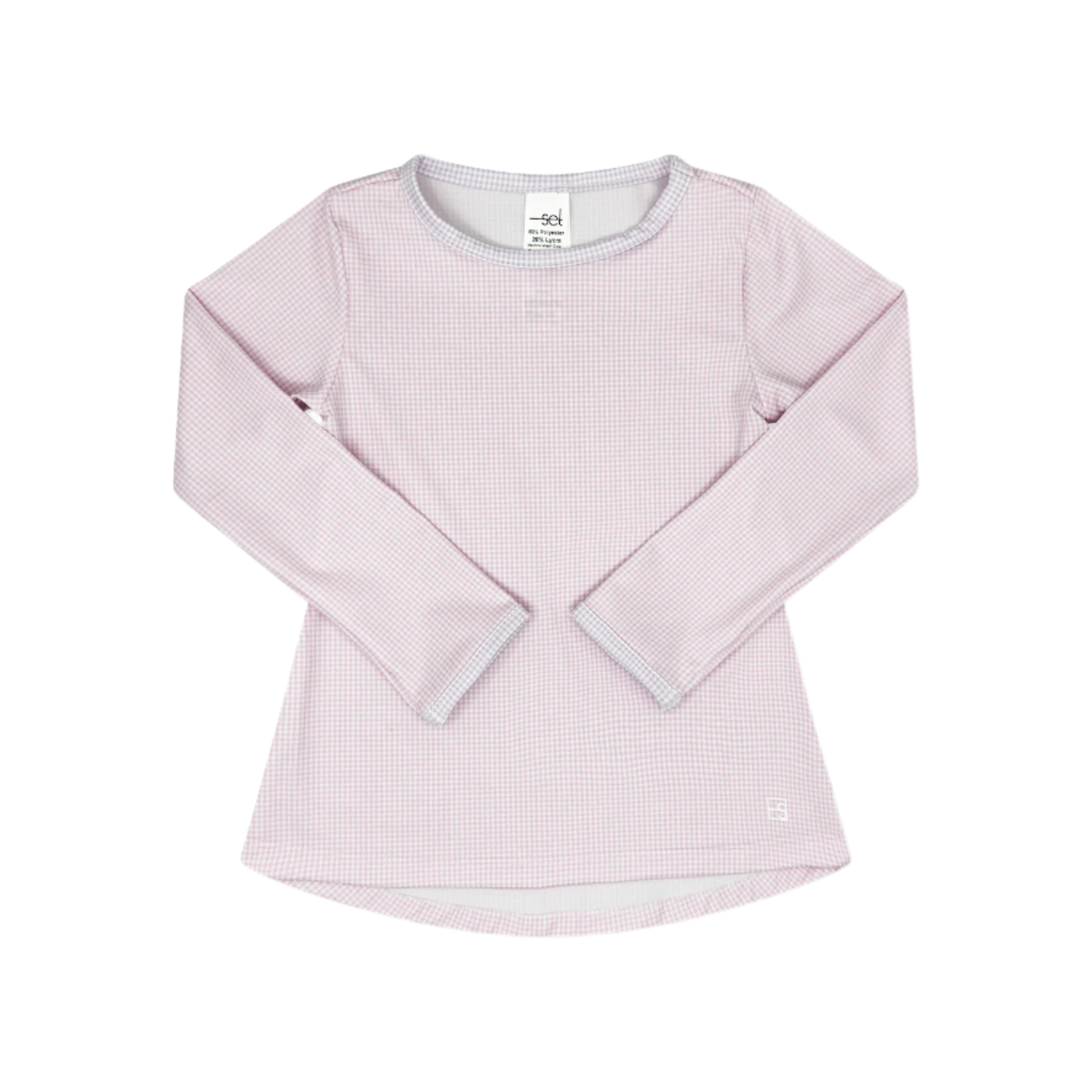 Pink long-sleeve shirt with a subtle pattern on a white background