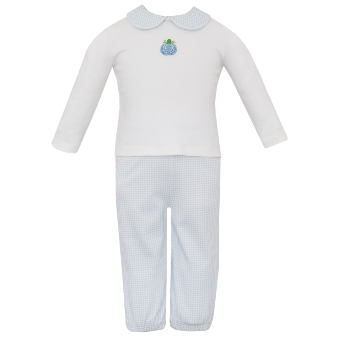 Petit Bebe Pumpkins Light Blue Knit Gingham Pant Set