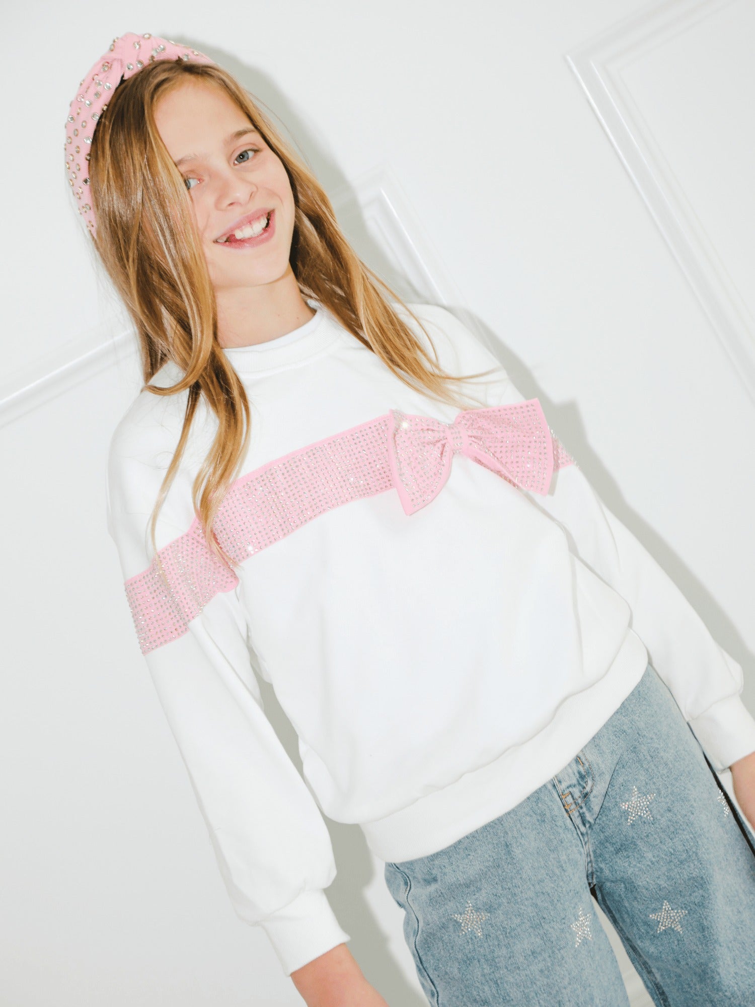 Lola & The Boys Crystal Bow Sweater