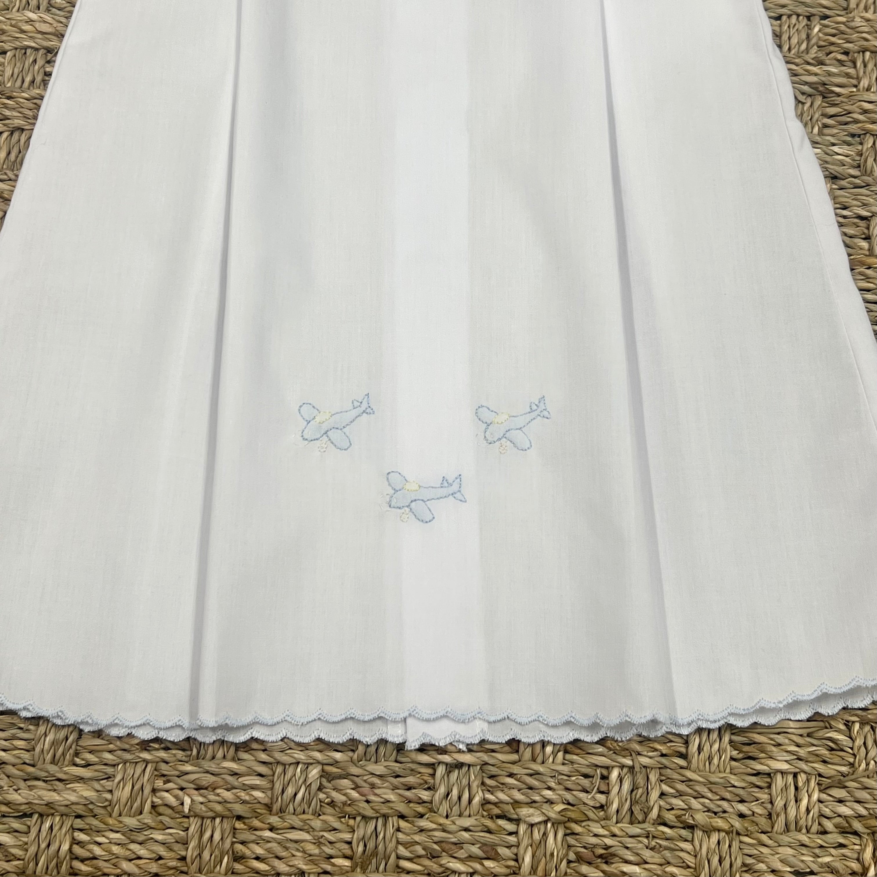 Auraluz White Scalloped Daygown with Blue Plane Embroidery