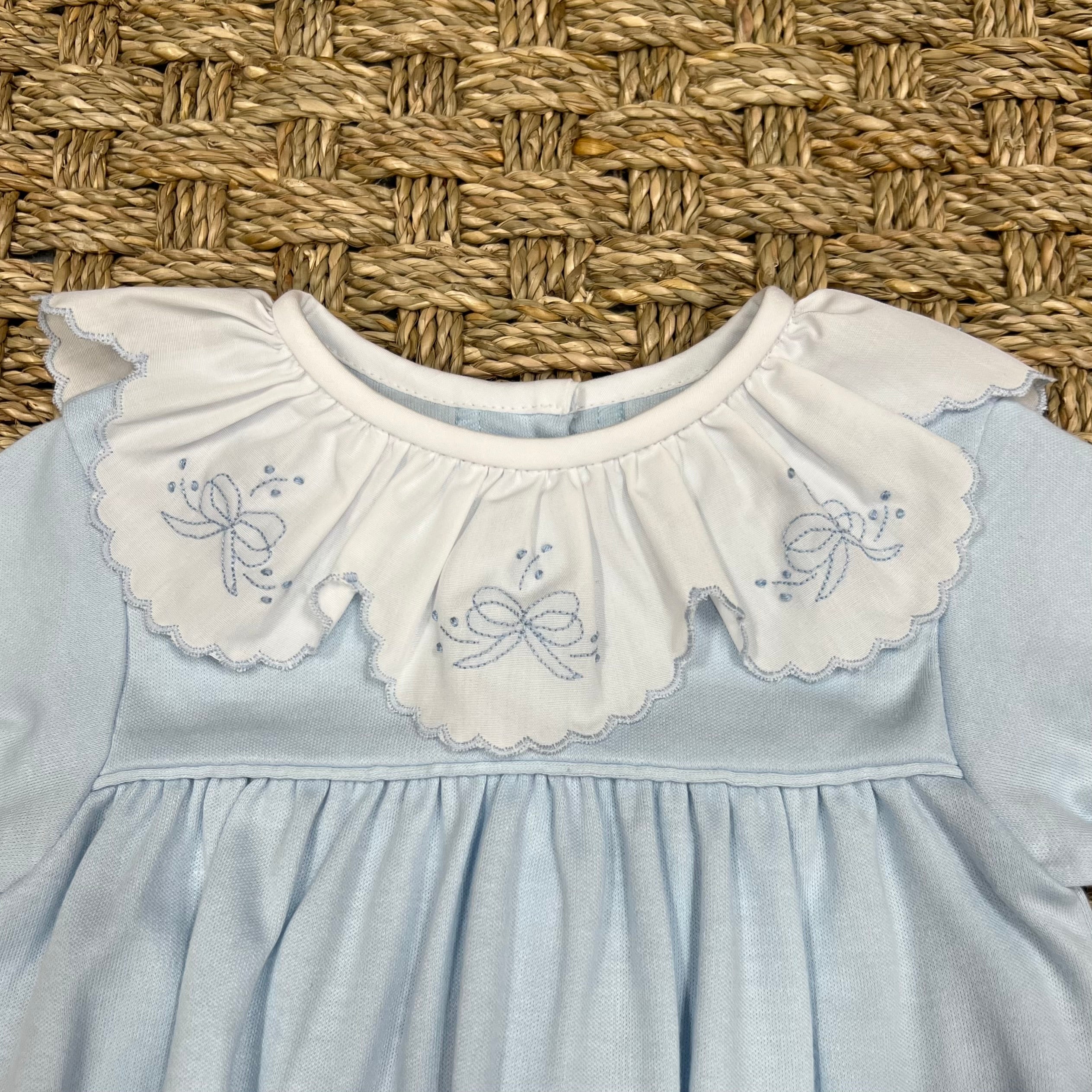Auraluz Blue Knit Saque with Bow Ribbon Embroidery and Bonnet