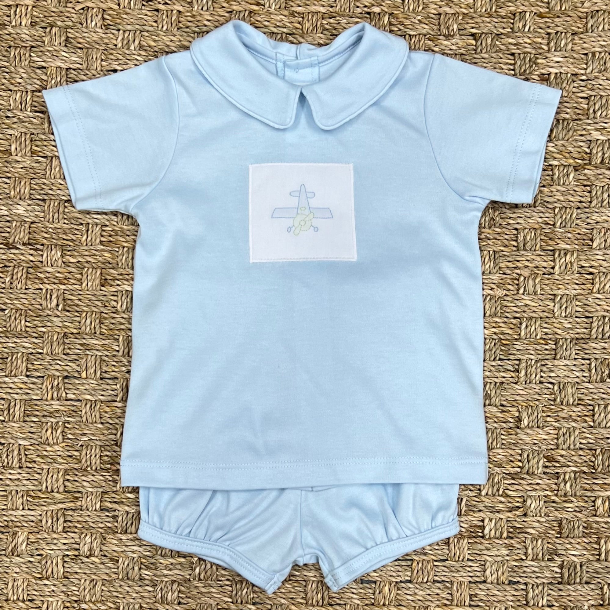 Auraluz Blue Knit Diaper Set with Plane Embroidery