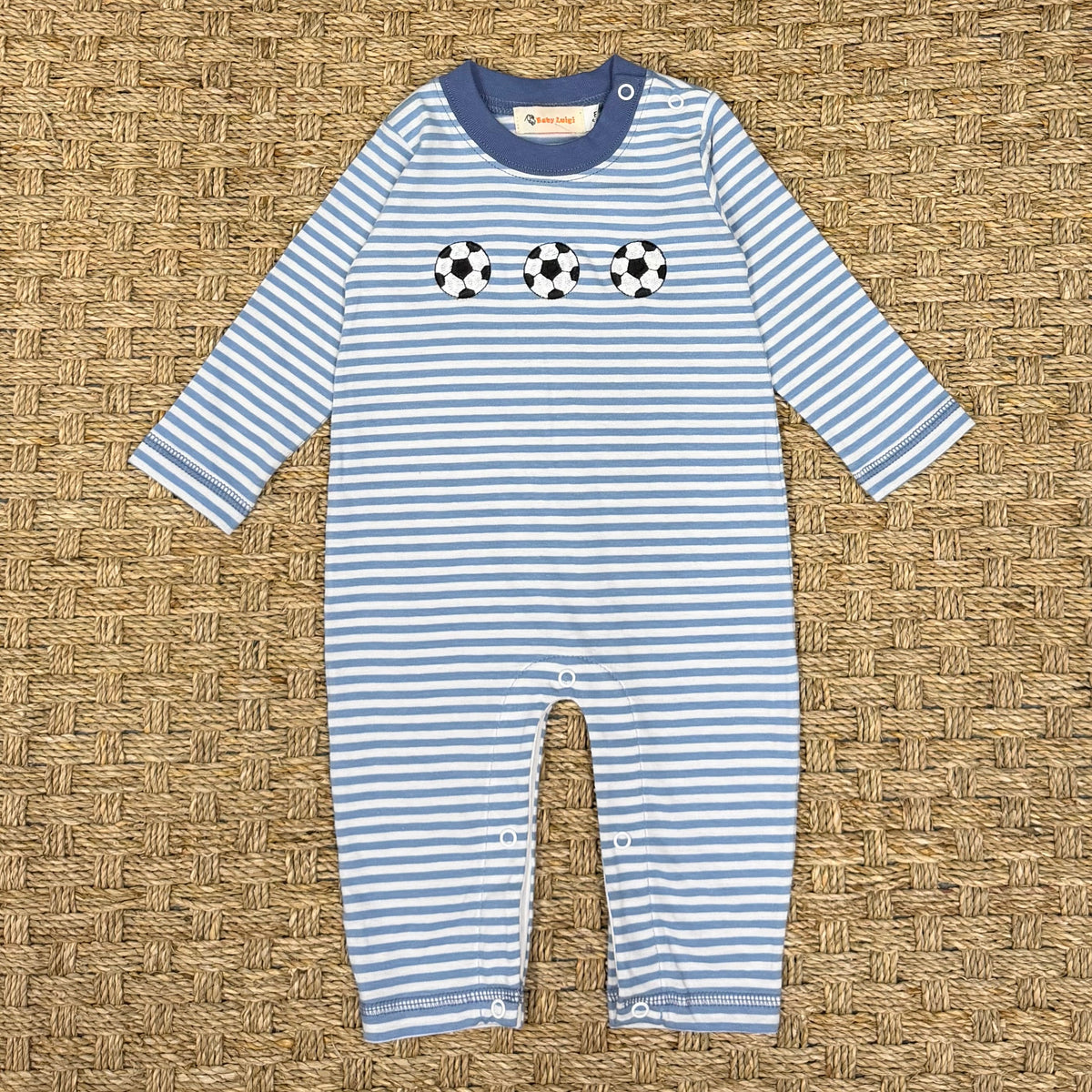 Luigi Romper, Soccer Balls on Slate Blue Stripe