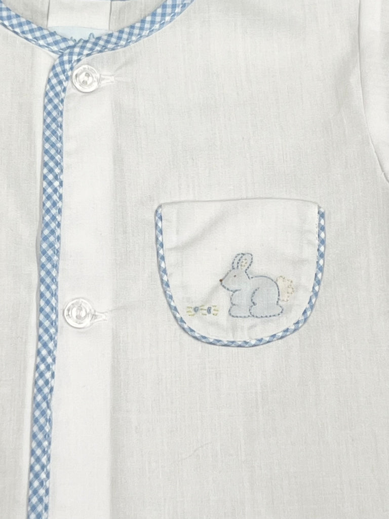 Auraluz White Gown with Sitting Bunny Pocket & Blue Checked Trim
