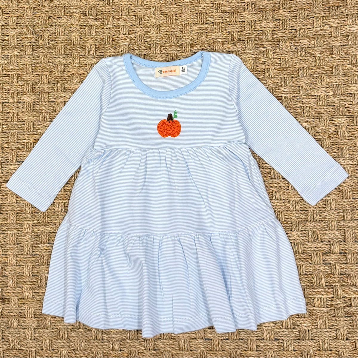 Luigi Dress, Pumpkins on Baby Blue Stripe