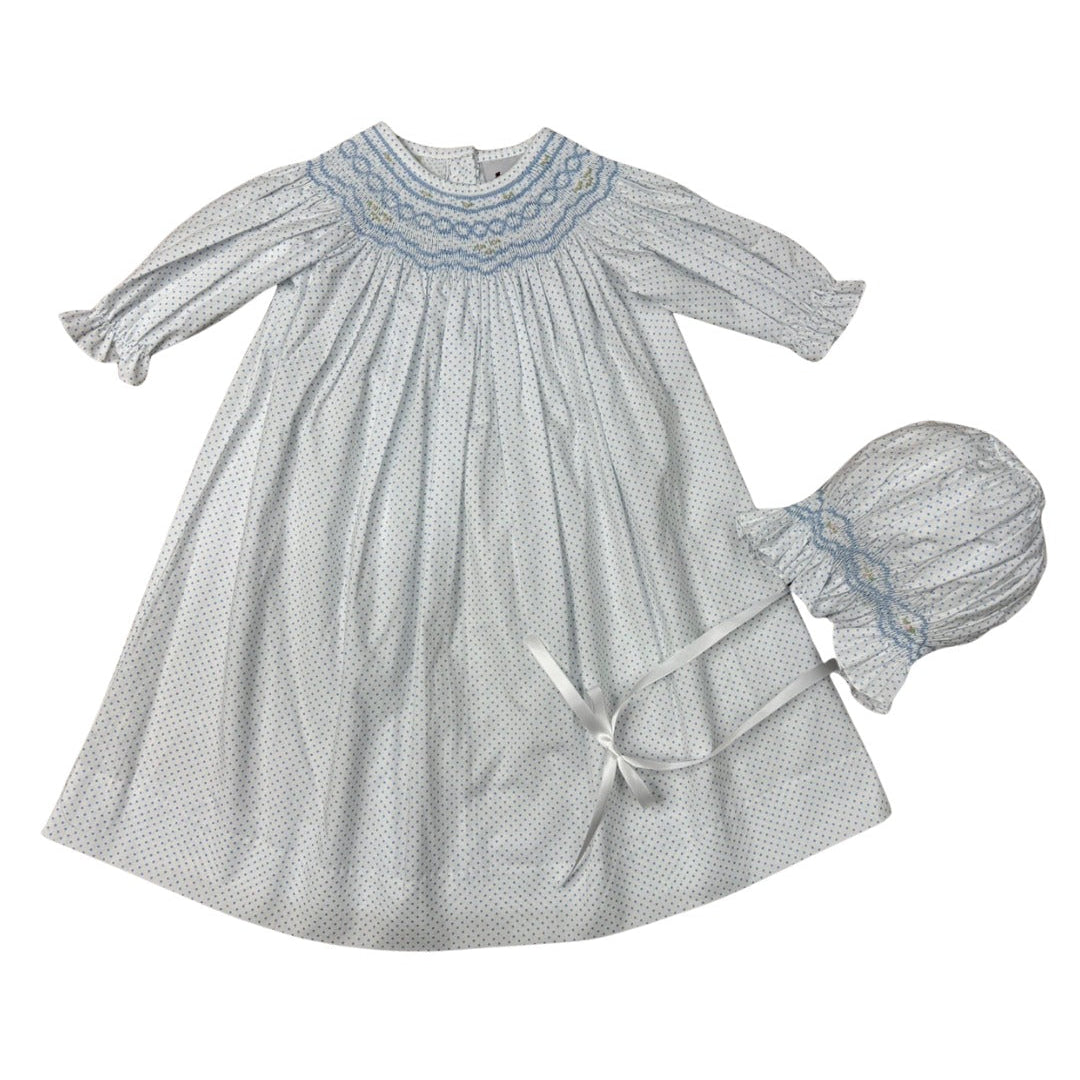 Delaney White Daygown Smocked in Blue with Bonnet
