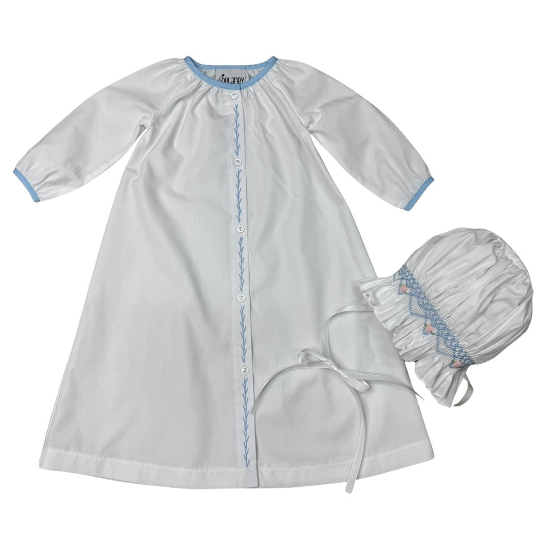 Delaney Blue White Mini Dot Featherstitch Front Daygown