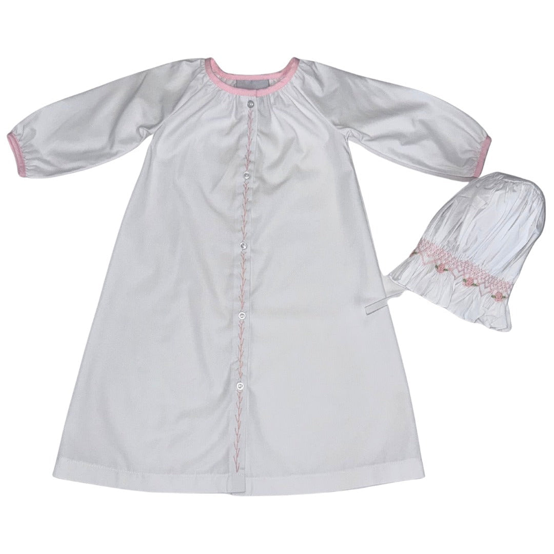 Delaney White Button Front Daygown with Pink Feather Stitch Front