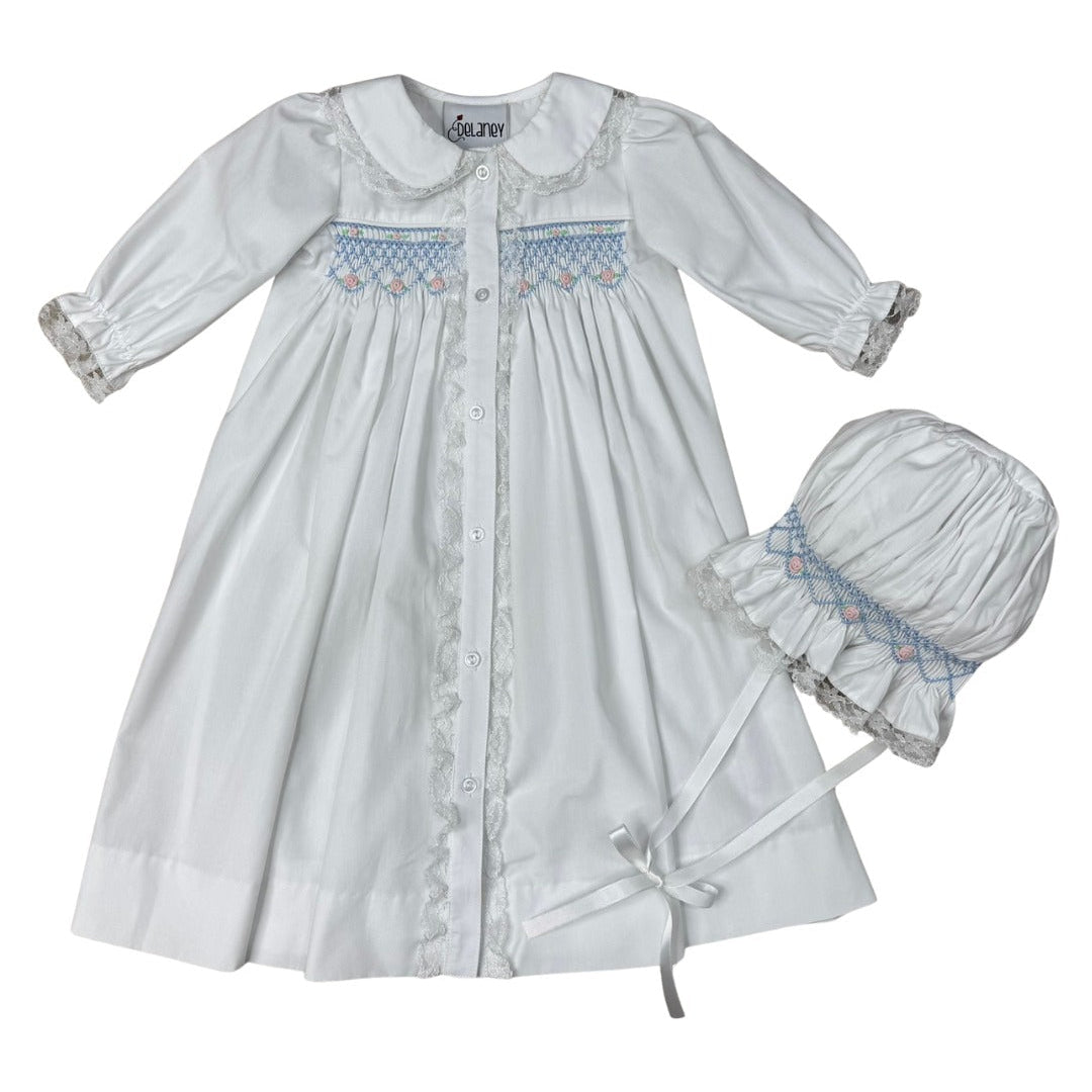 Delaney White Button Front Lace Daygown & Bonnet