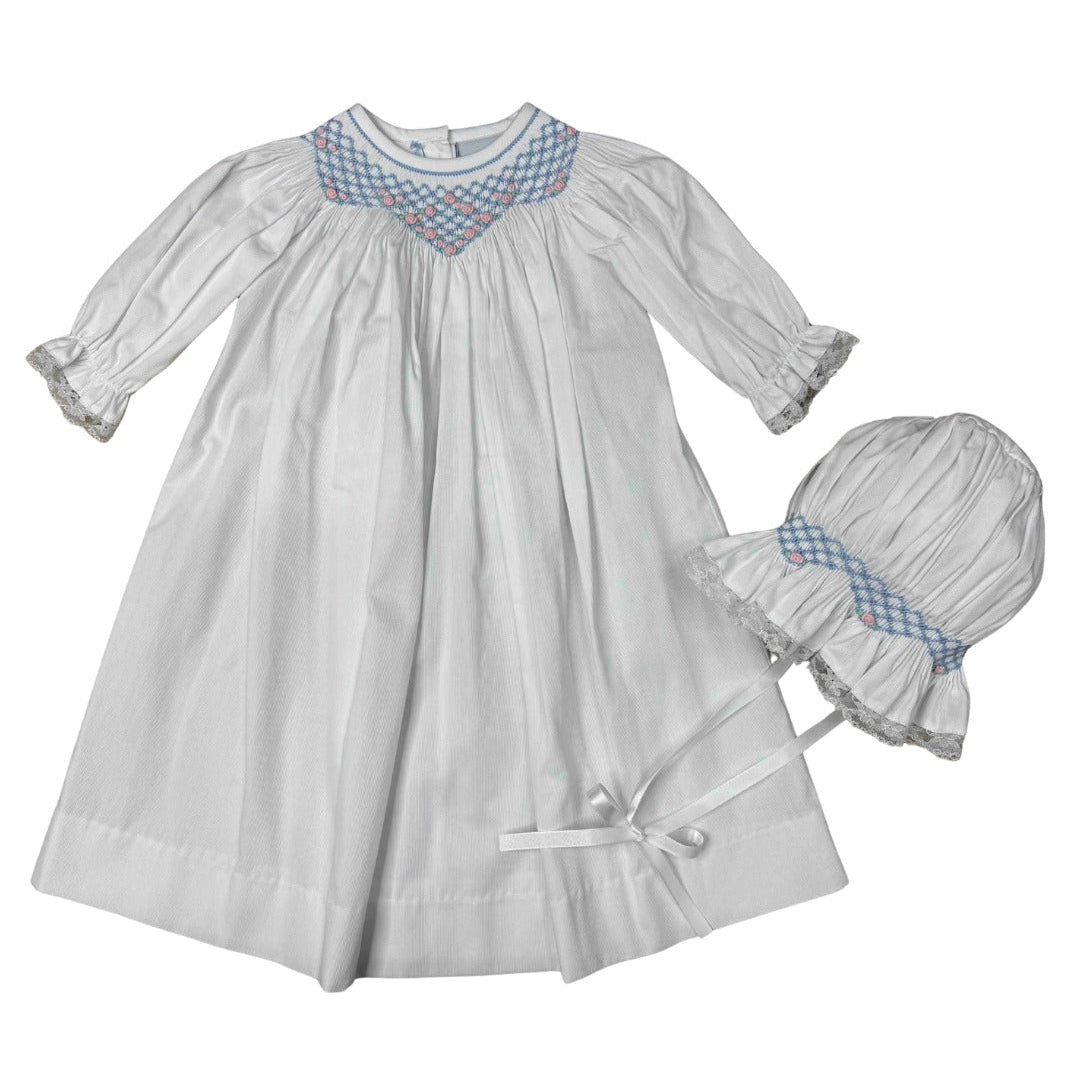 Delaney White Smocked Flower Diamond Gown & Bonnet