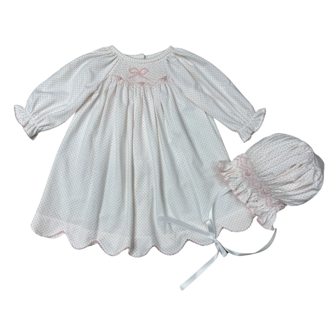 Delaney Pink Dot Smocked Bow Daygown with Bonnet
