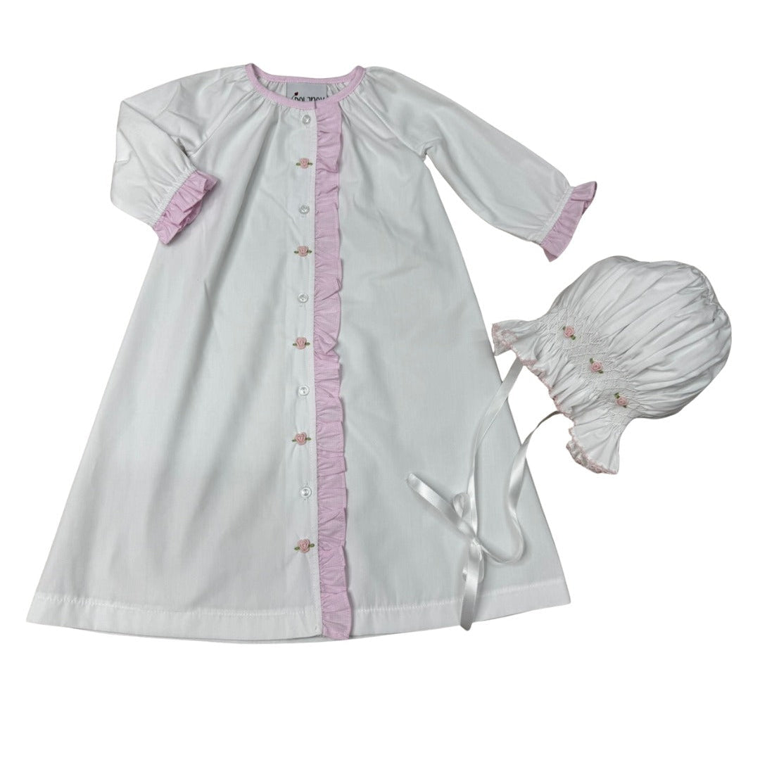 Delaney White Daygown Pink Check Ruffle Front & Rosettes