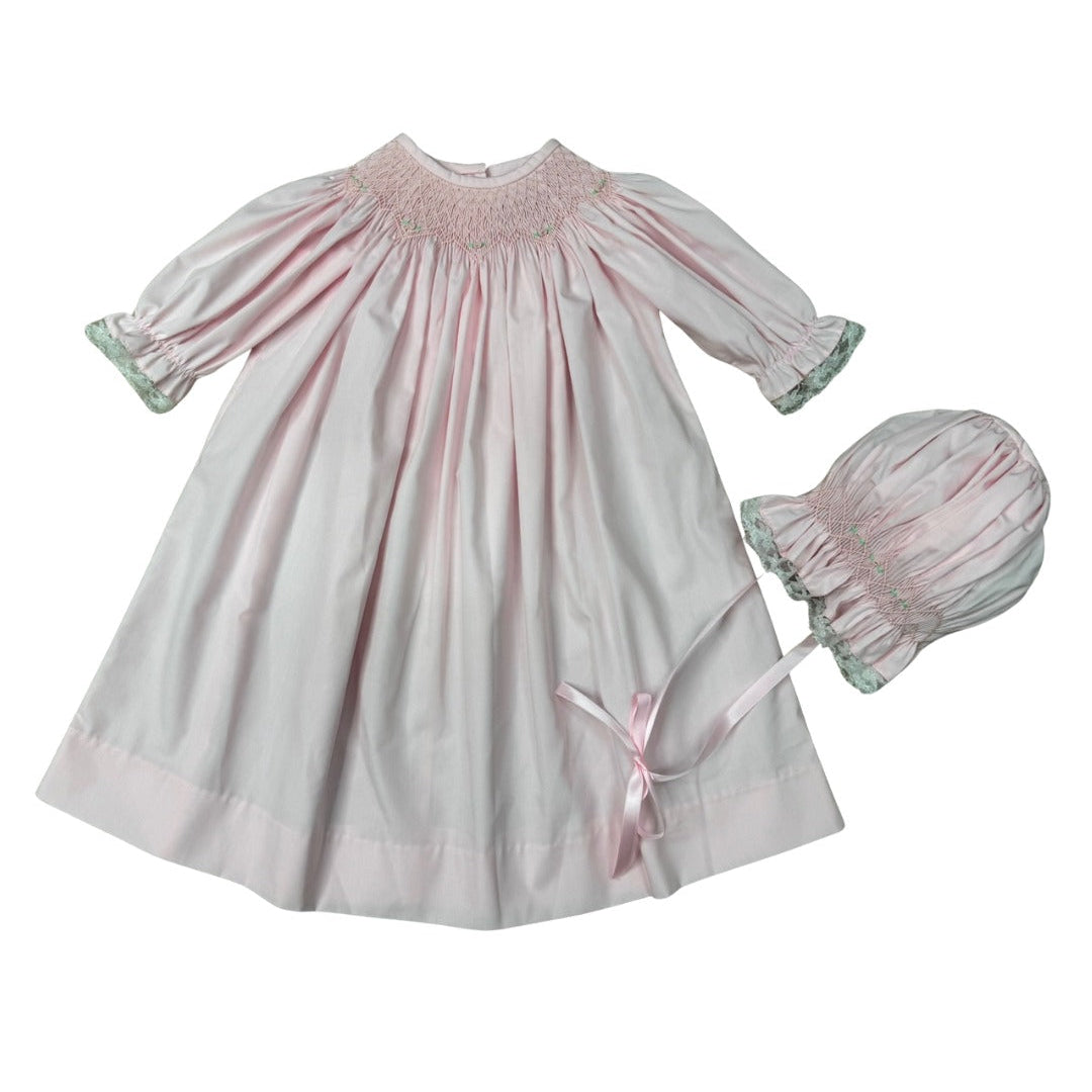 Delaney Pink Smocked Daygown & Bonnet with Lace Edge