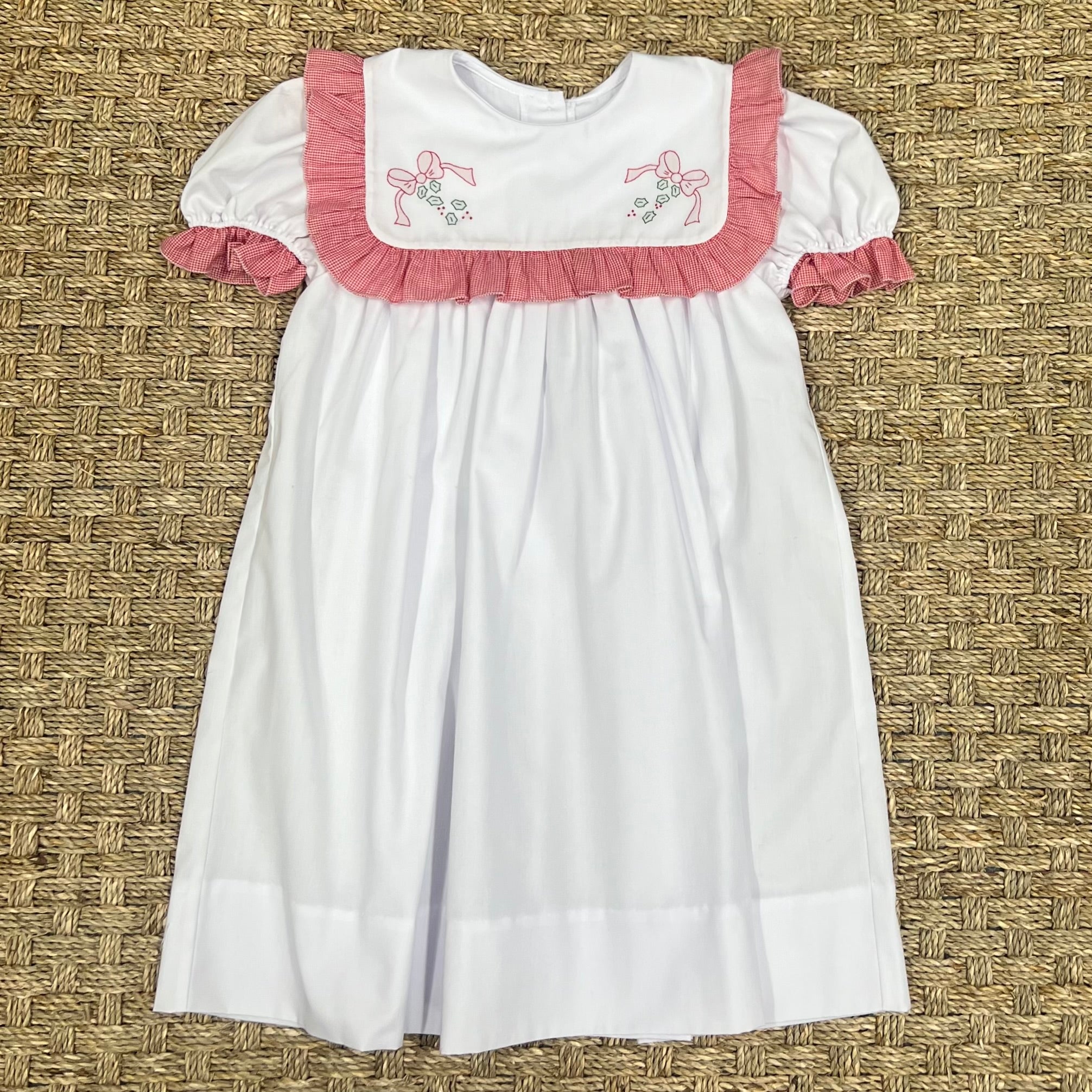 Auraluz Dress with Red Checks and Christmas Bow Embroidery