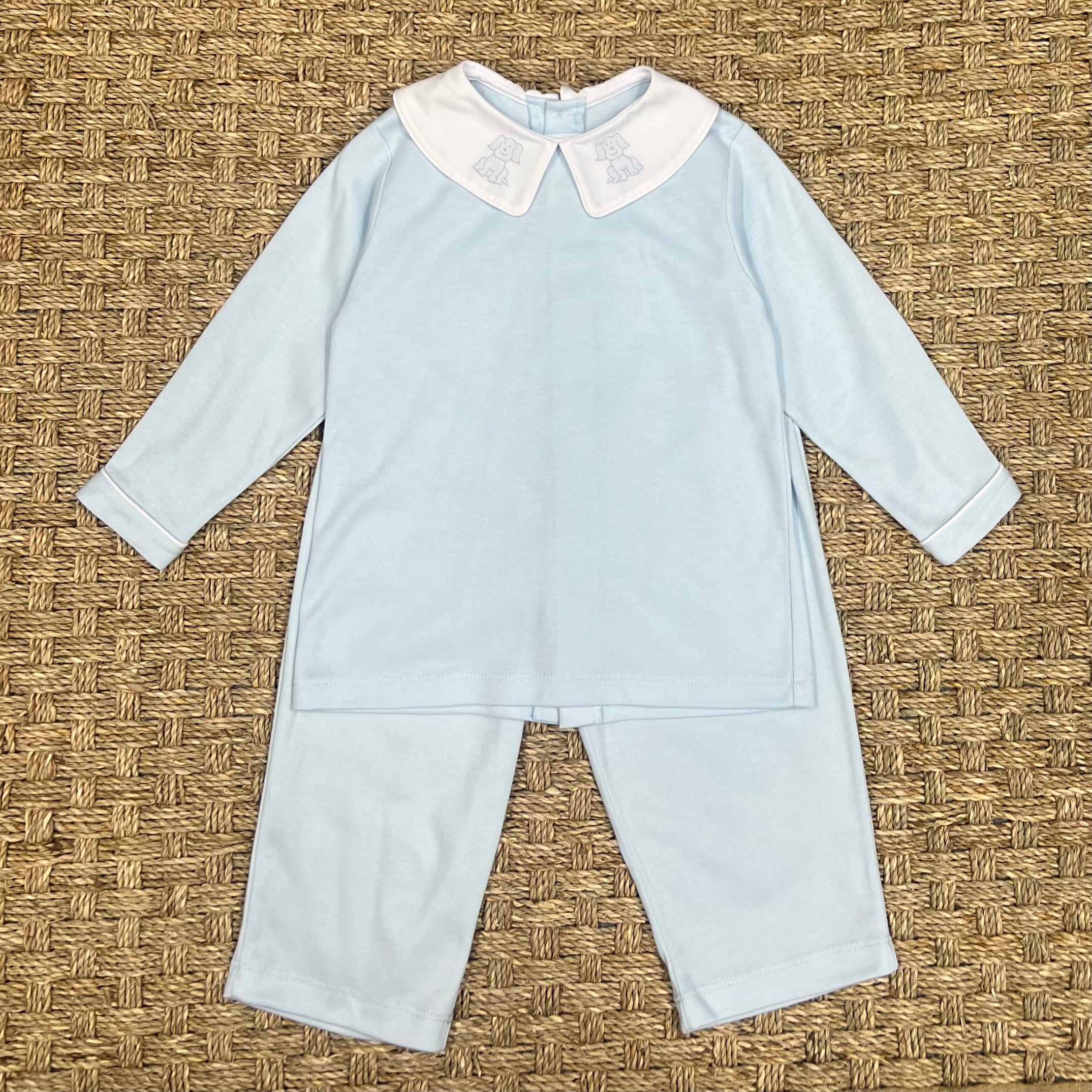 Auraluz Blue Knit Pant Set with Puppy Embroidery
