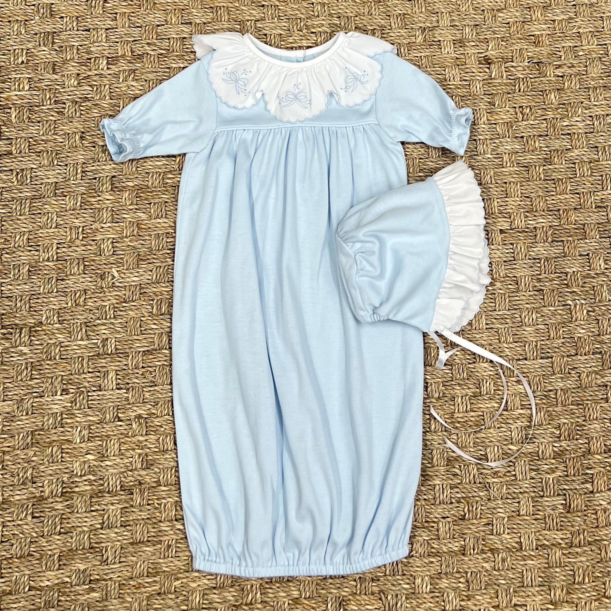 Auraluz Blue Knit Saque with Bow Ribbon Embroidery and Bonnet