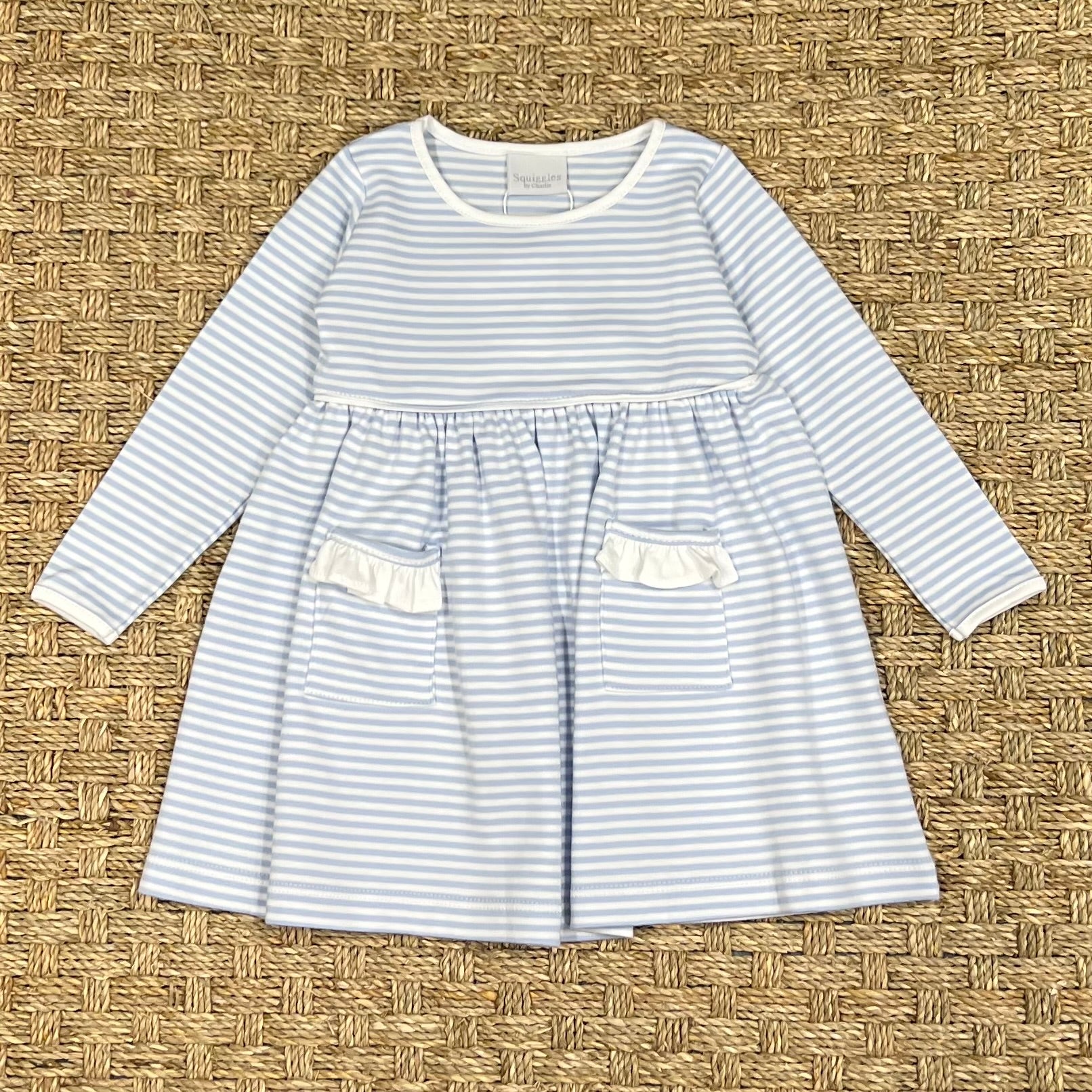 Squiggles Popover Dress with Ruffle Trim, Sky Blue Stripe