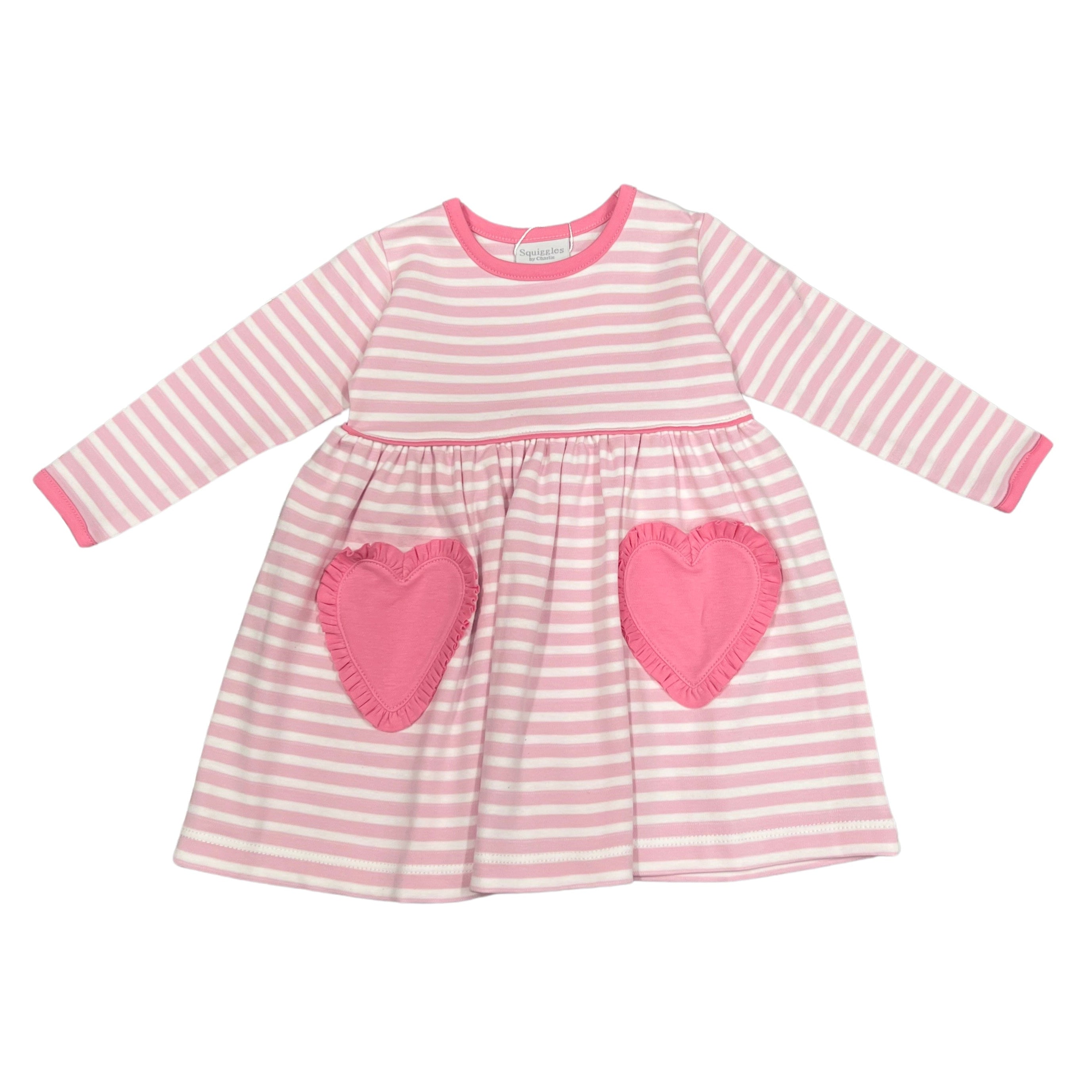 Squiggles Popover Dress with Heart Pockets, Pink Stripe with Hot Pink Trim
