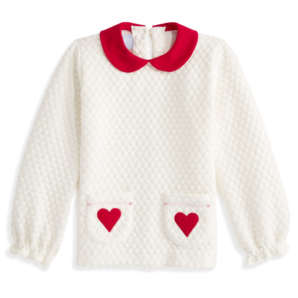 Bella Bliss Embroidered Quilted Jersey Pullover, Ivory with Red Hearts