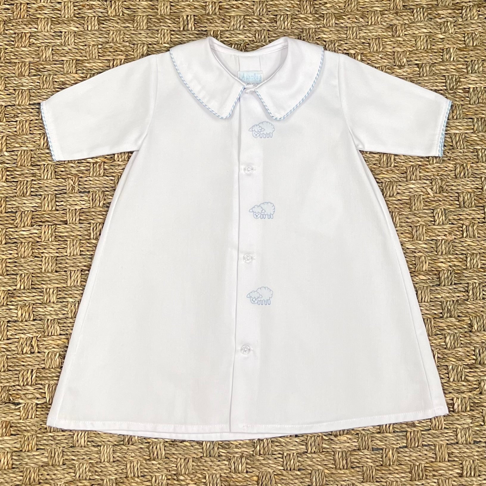 Auraluz White Pique Day Gown with Blue Row of Lamb Embroidery