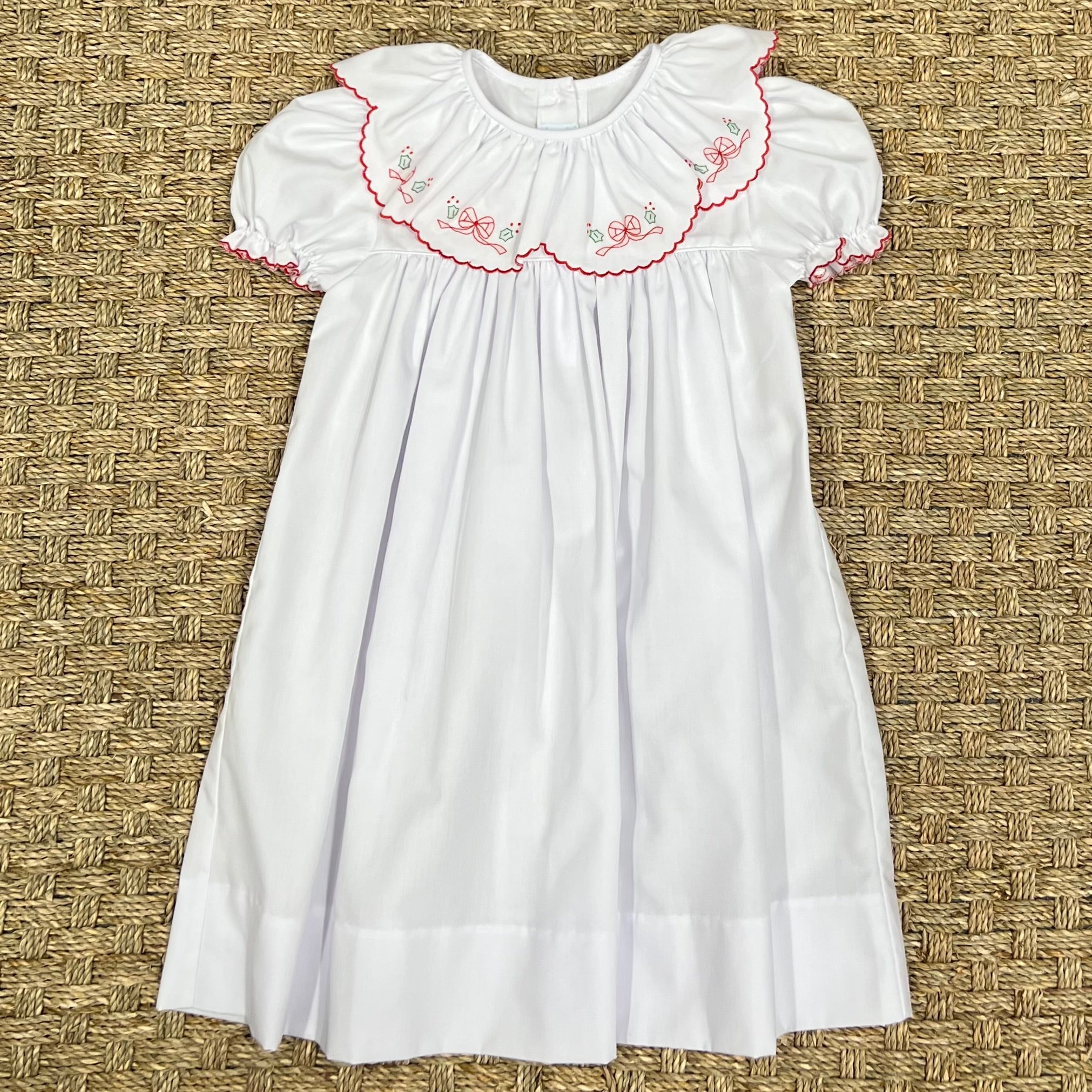 Auraluz White Dress with Red Christmas Bow and Holly Embroidery