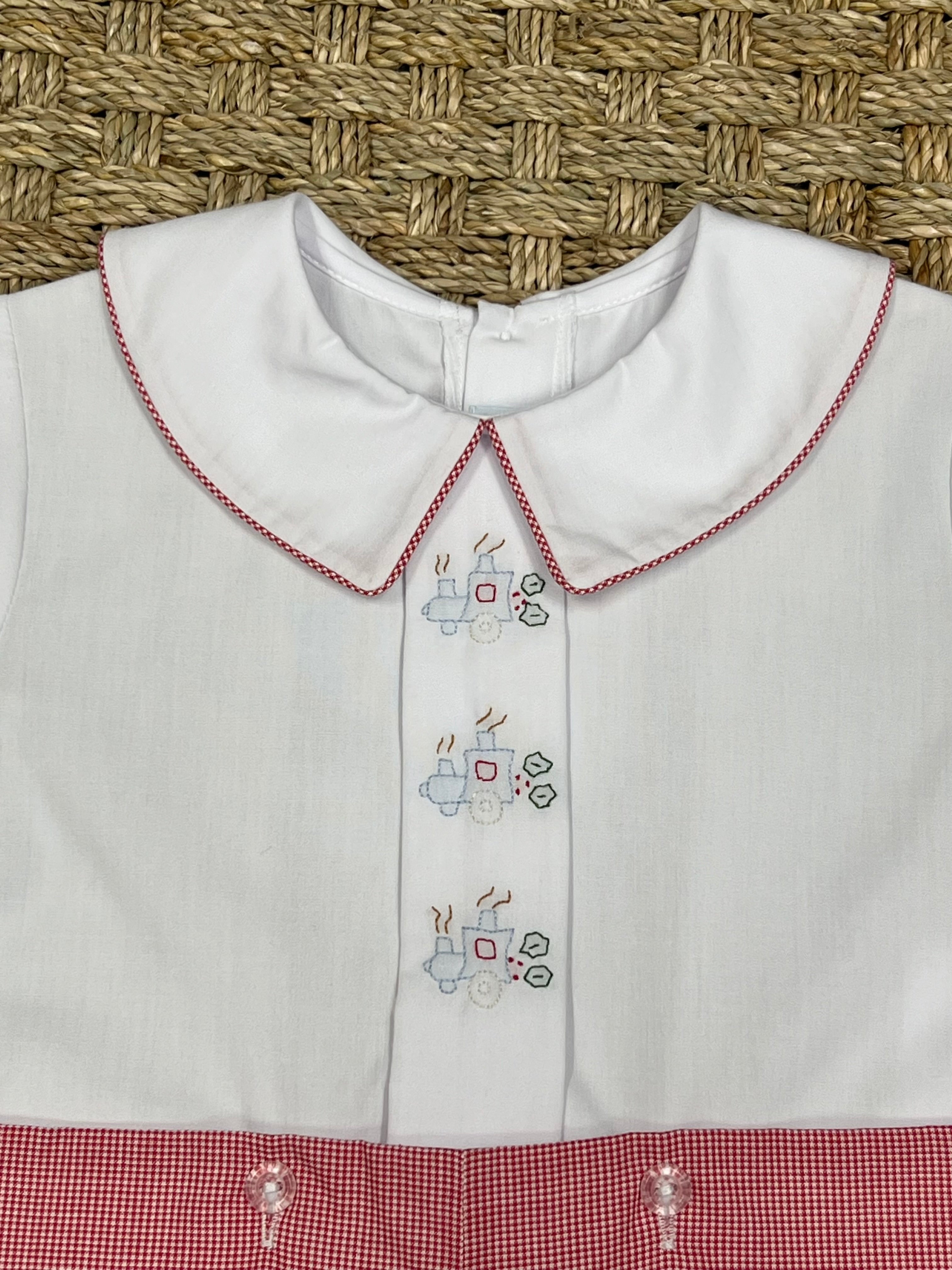 Auraluz Boy Suit with Red Check Christmas Train Embroidery