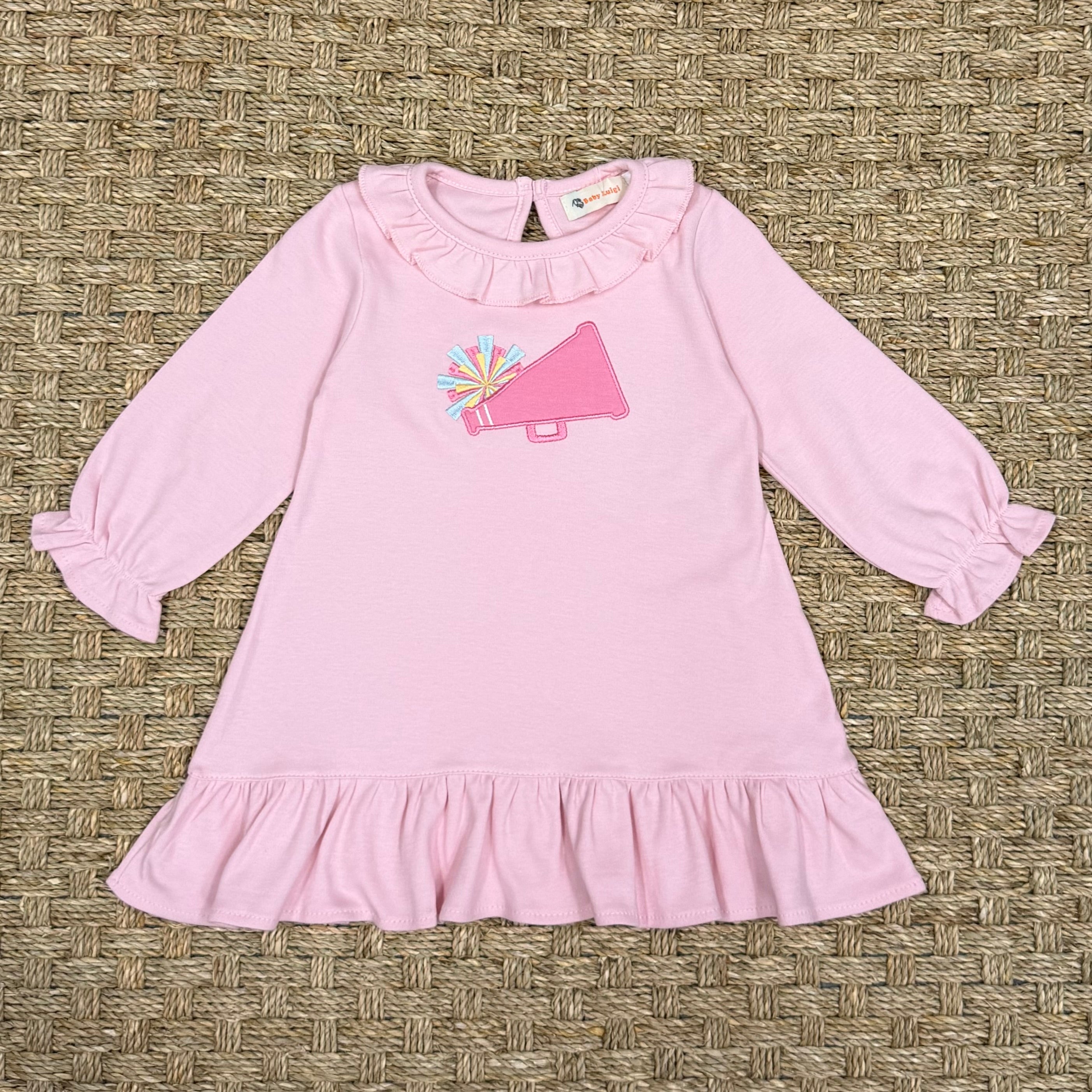 Luigi Ruffle Neck Dress, Megaphone & Pom Poms on Light Pink
