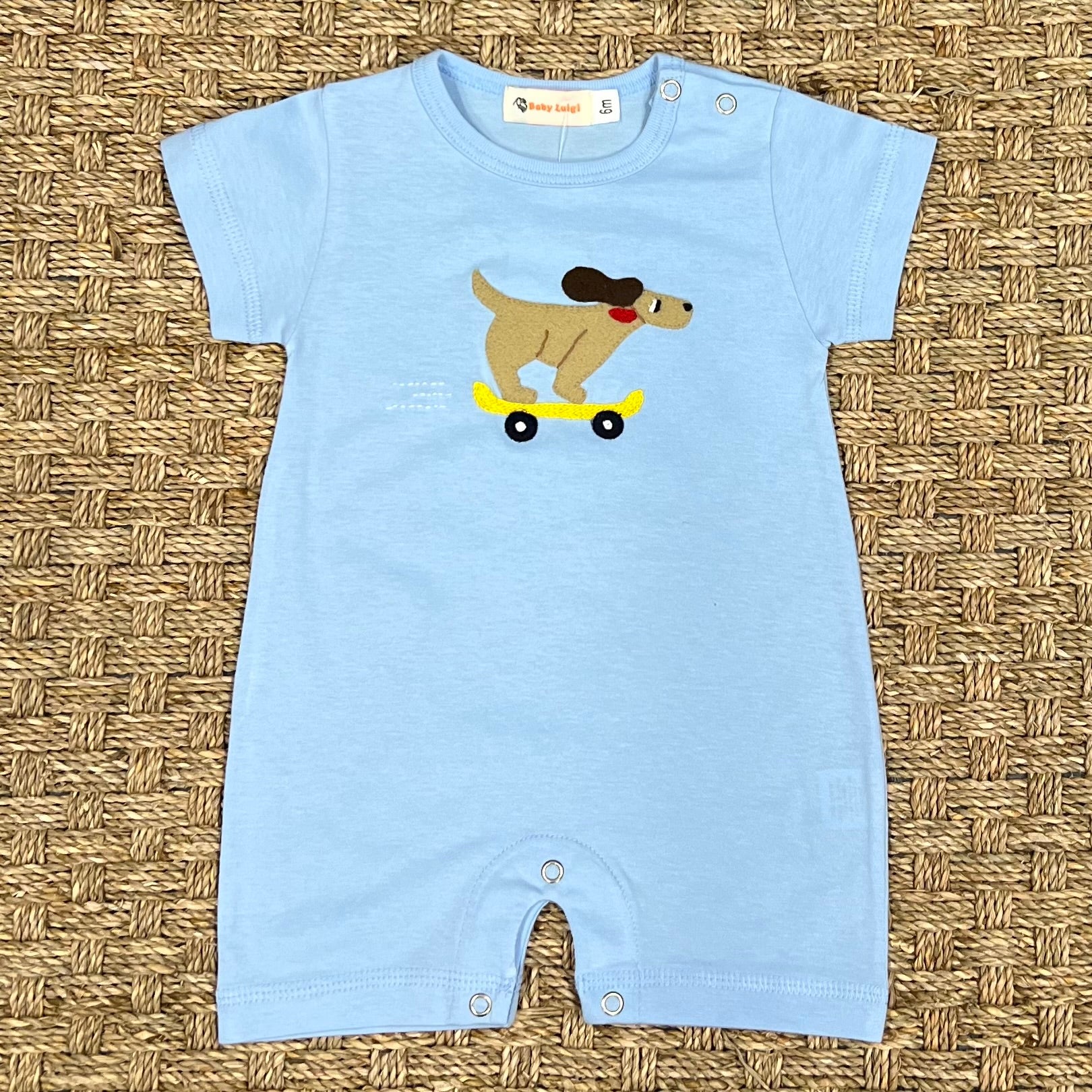 Luigi Romper, Dog Skateboarding on Light Sky Blue