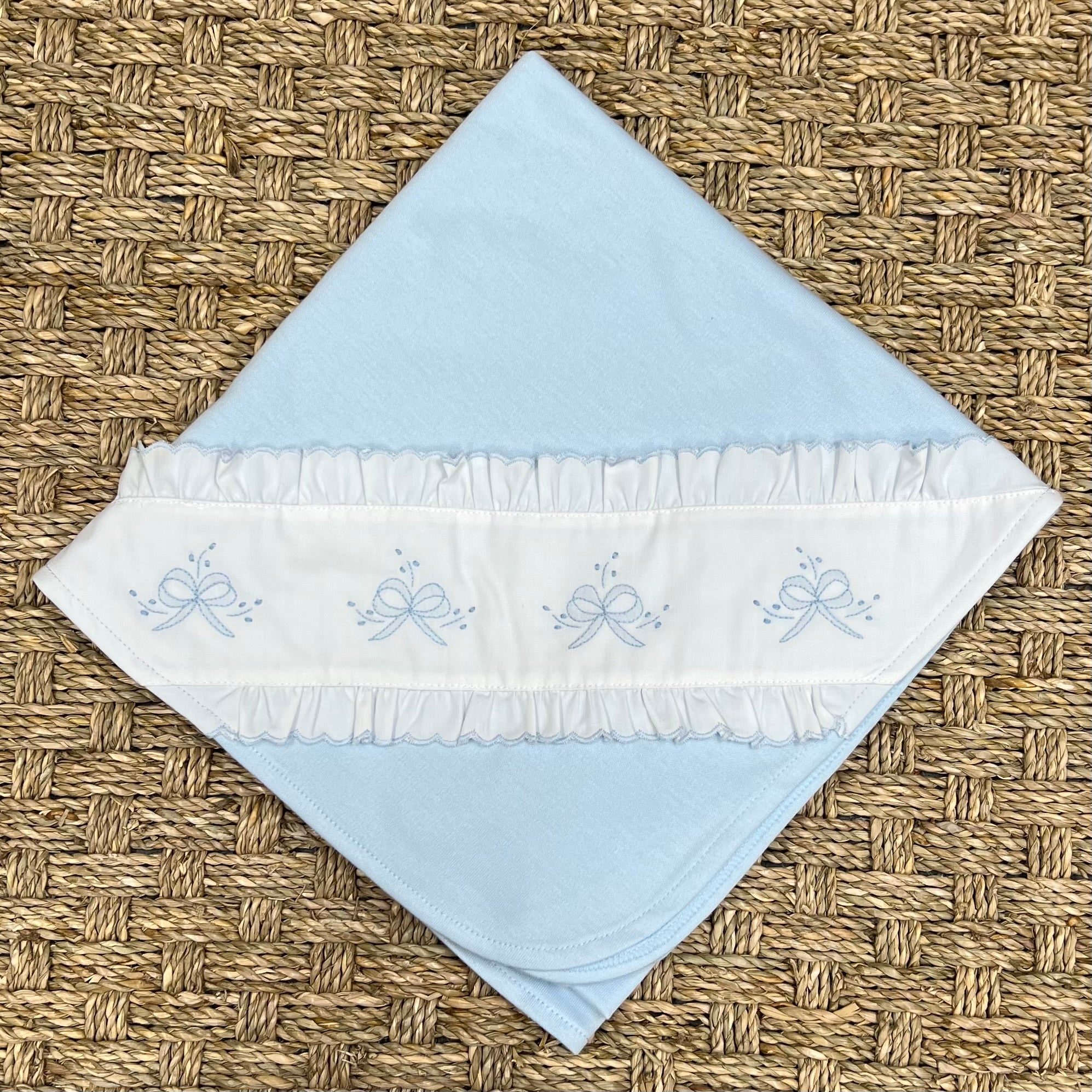 Auraluz Blue Knit Blanket with Bow Ribbon Embroidery