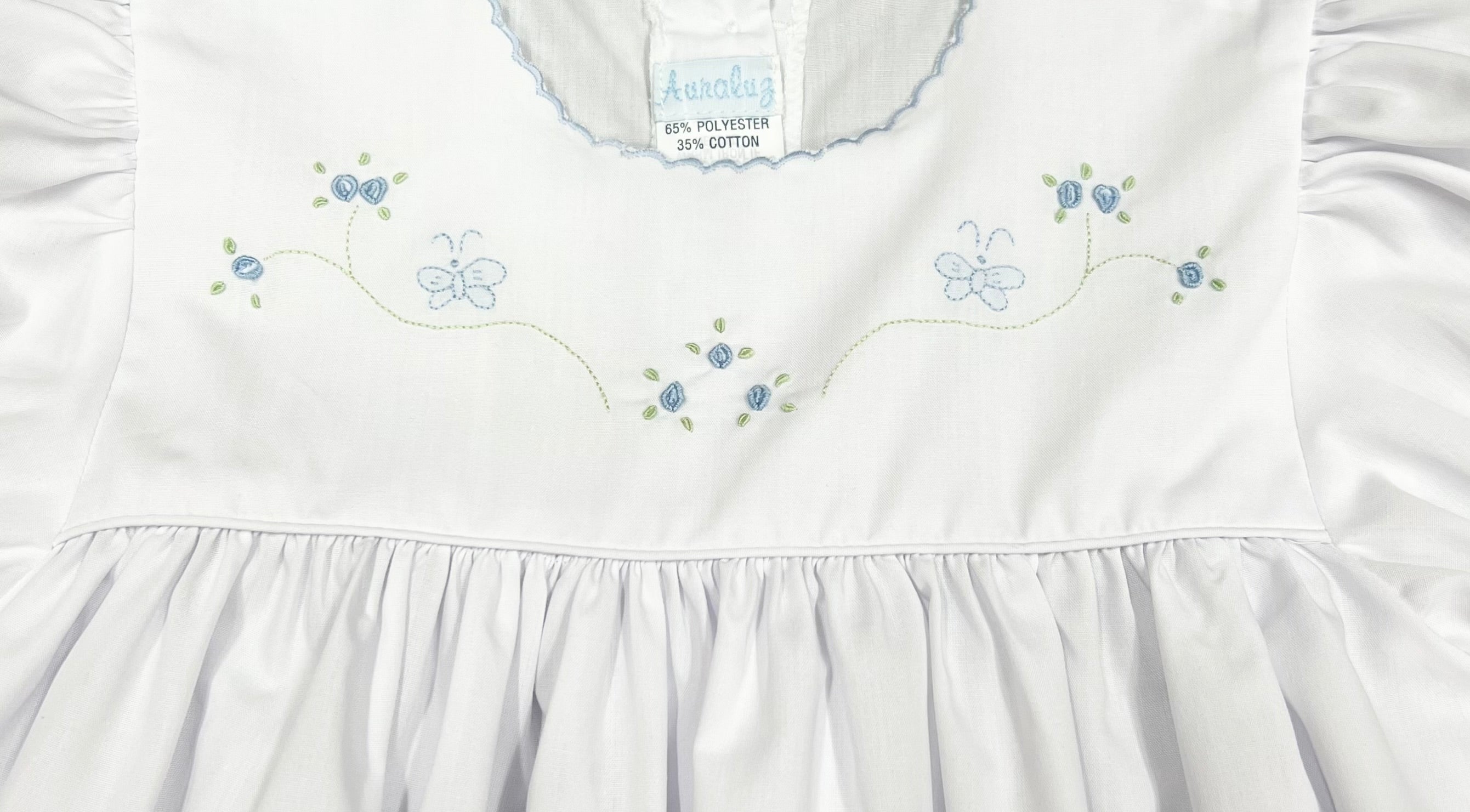 Auraluz White Dress with Blue Rosebud Embroidery and Blue Trim