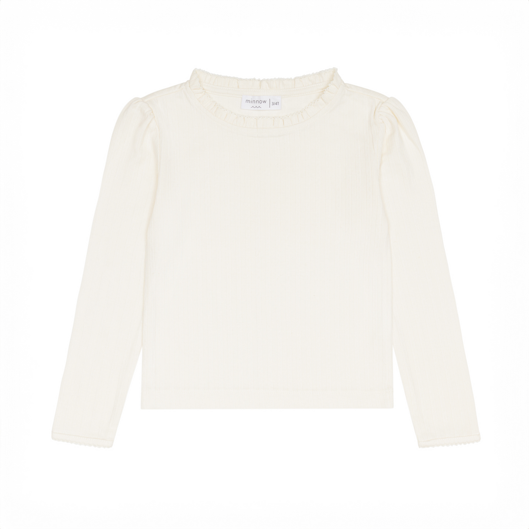 Minnow Pointelle Ruffle Long Sleeve Shirt in Cream
