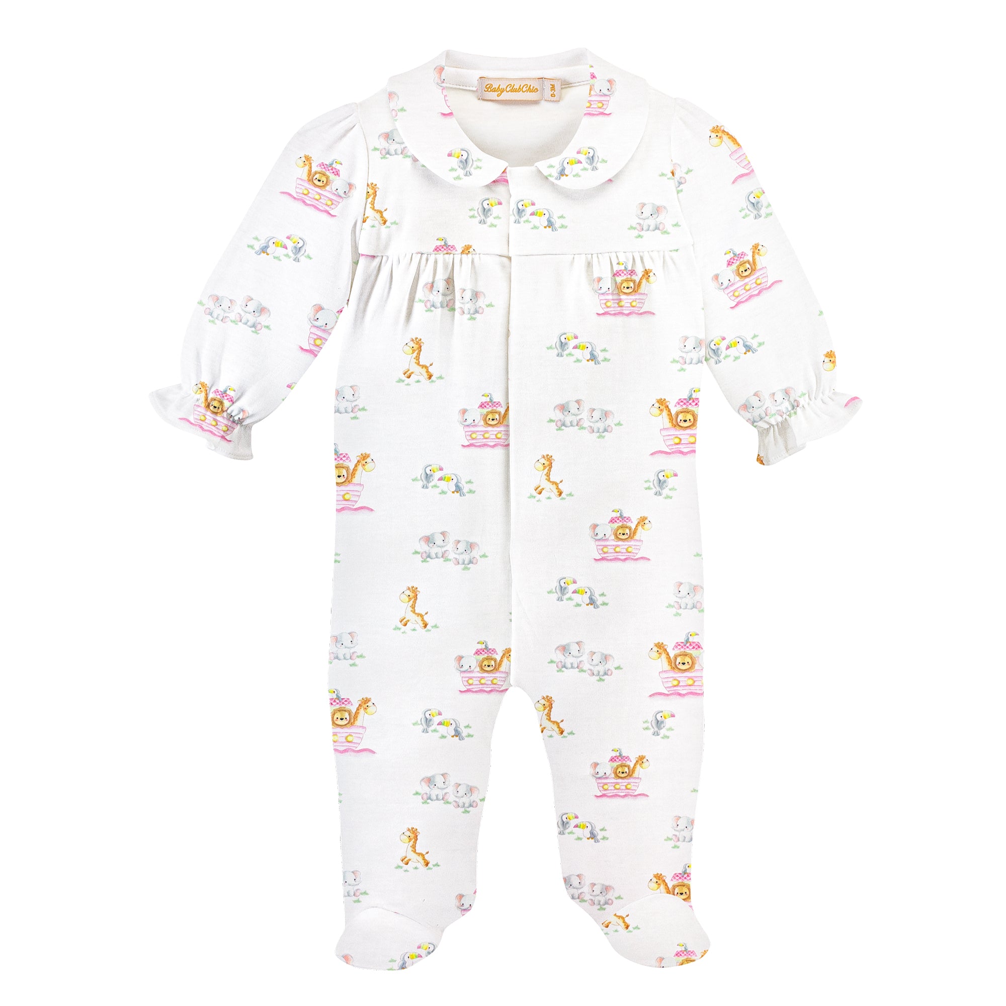Baby Club Chic Pink Noah's Ark Printed Footie with Round Collar