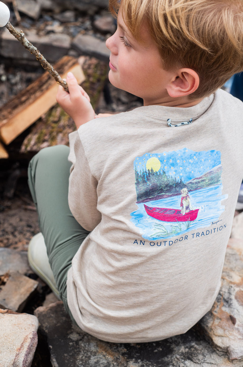 Prodoh Tee, Golden Retriever in Canoe on Trench Coat Heather