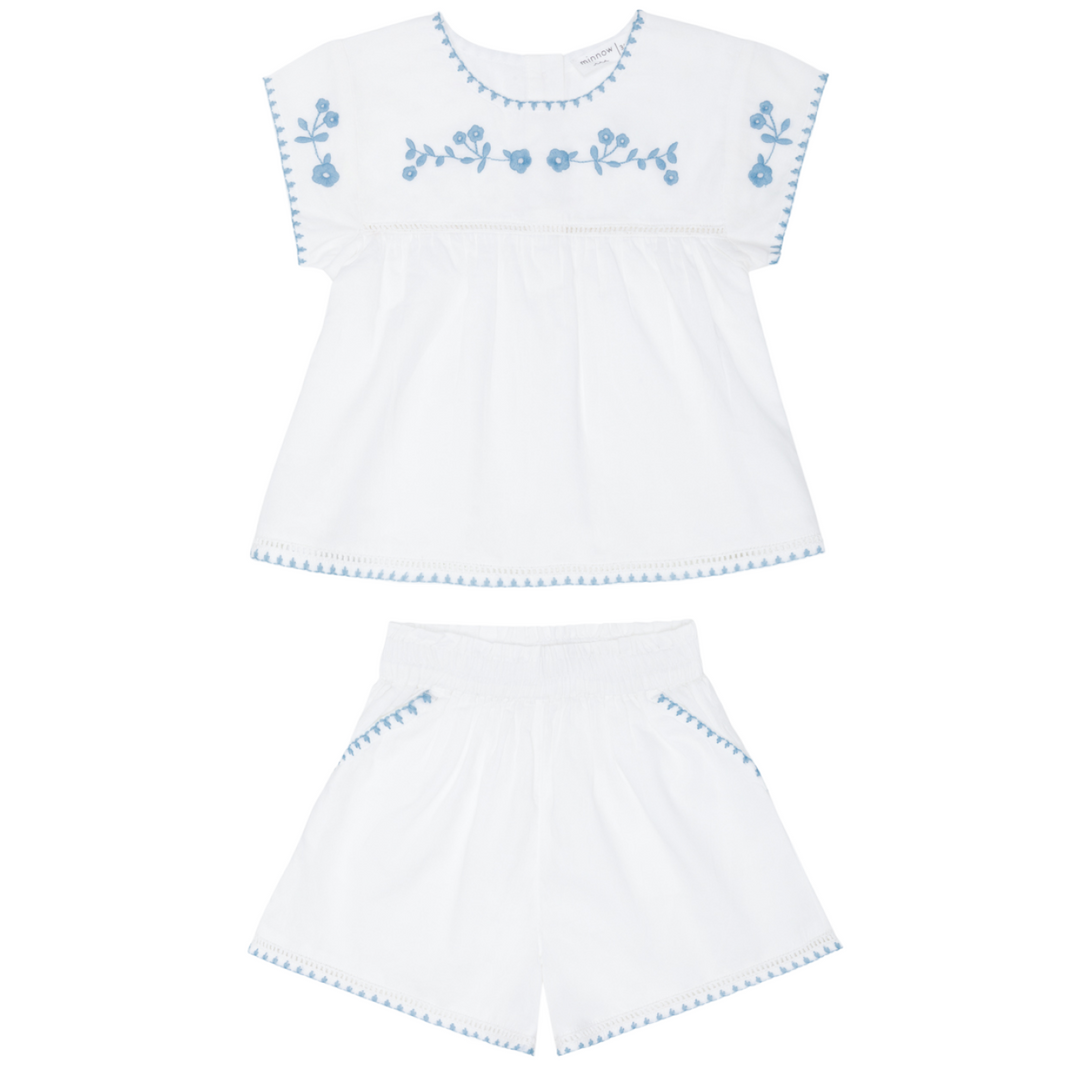 Minnow White Embroidered Top and Short with Dusk Blue Embroidery