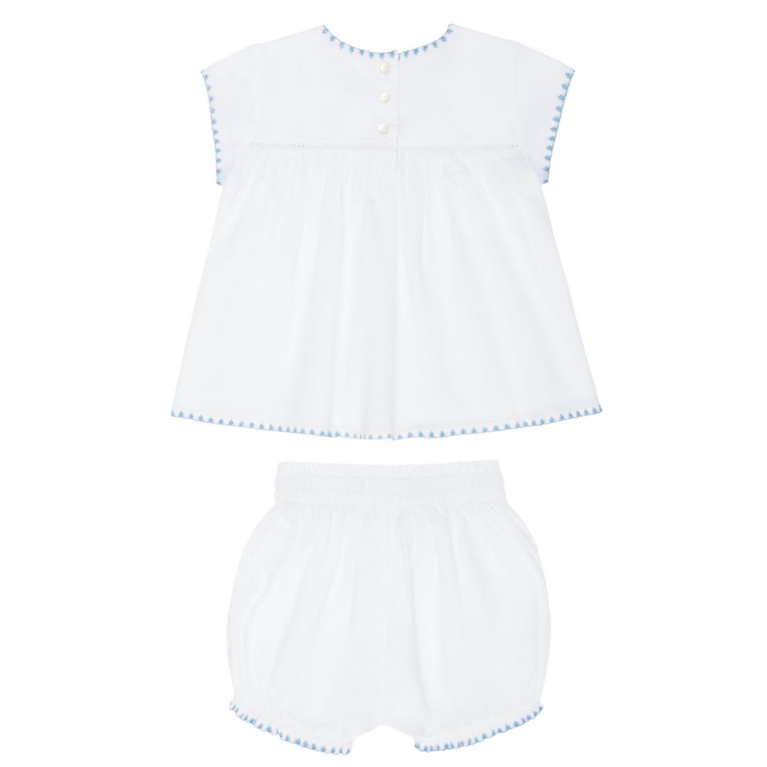 Minnow White Embroidered Top and Bloomer Set with Blue Embroidery