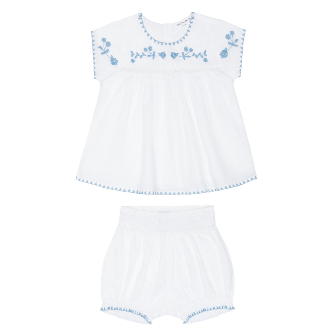 Minnow White Embroidered Top and Bloomer Set with Blue Embroidery