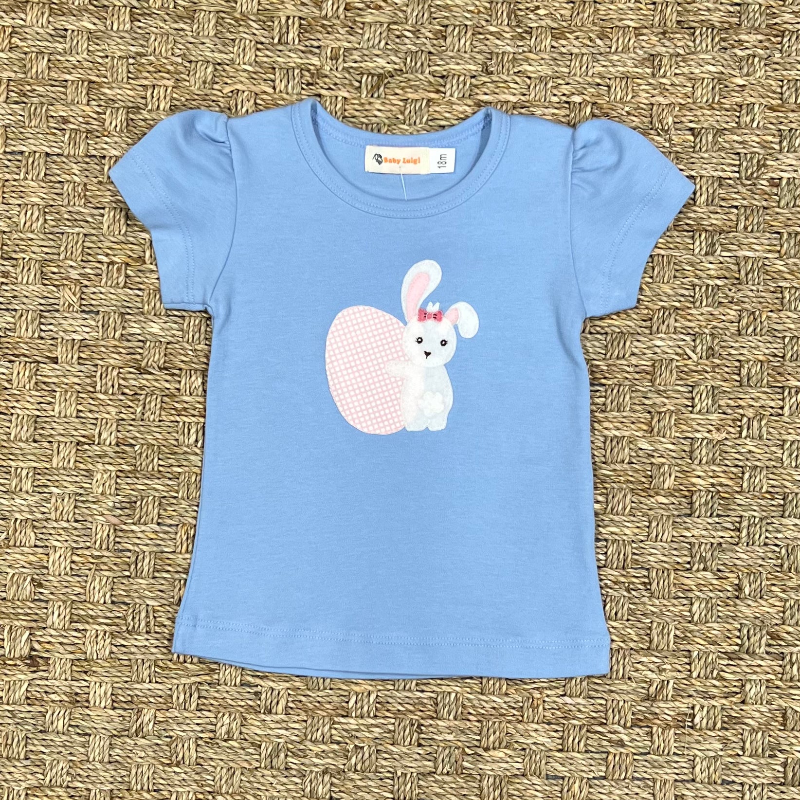 Luigi Gathered Tee, Bunny with Easter Egg on Sky Blue