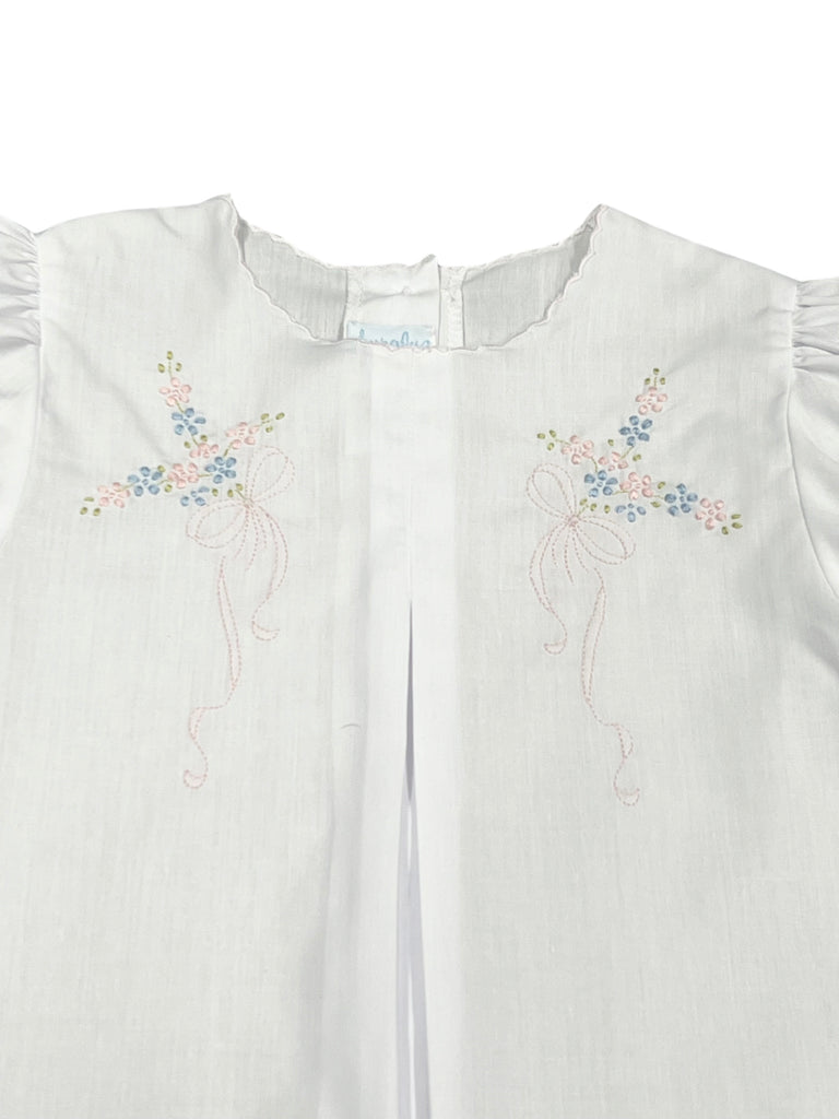 Auraluz White Baby Dress with Pink Bows & Floral Embroidery