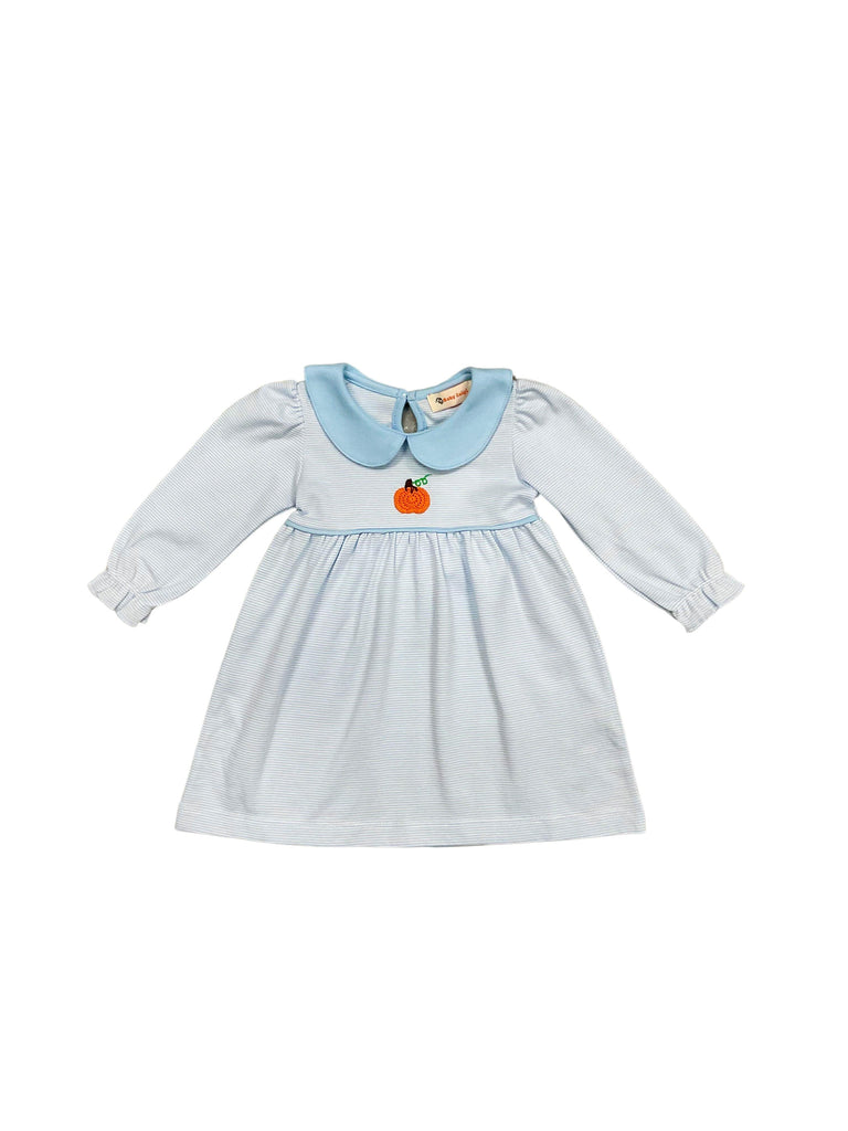 Luigi Gathered Dress with Crochet Pumpkin, Baby Blue Stripe - shopnurseryrhymes