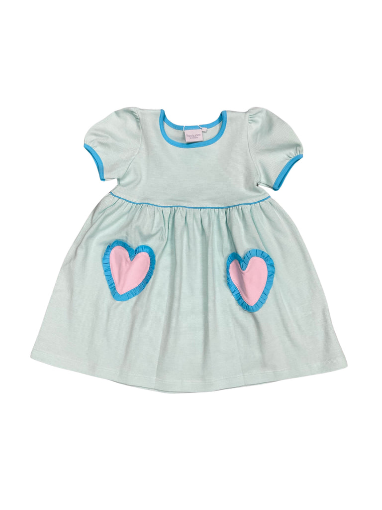 Squiggles Mint Popover Dress with Heart Pockets, Pink and Aqua Trim