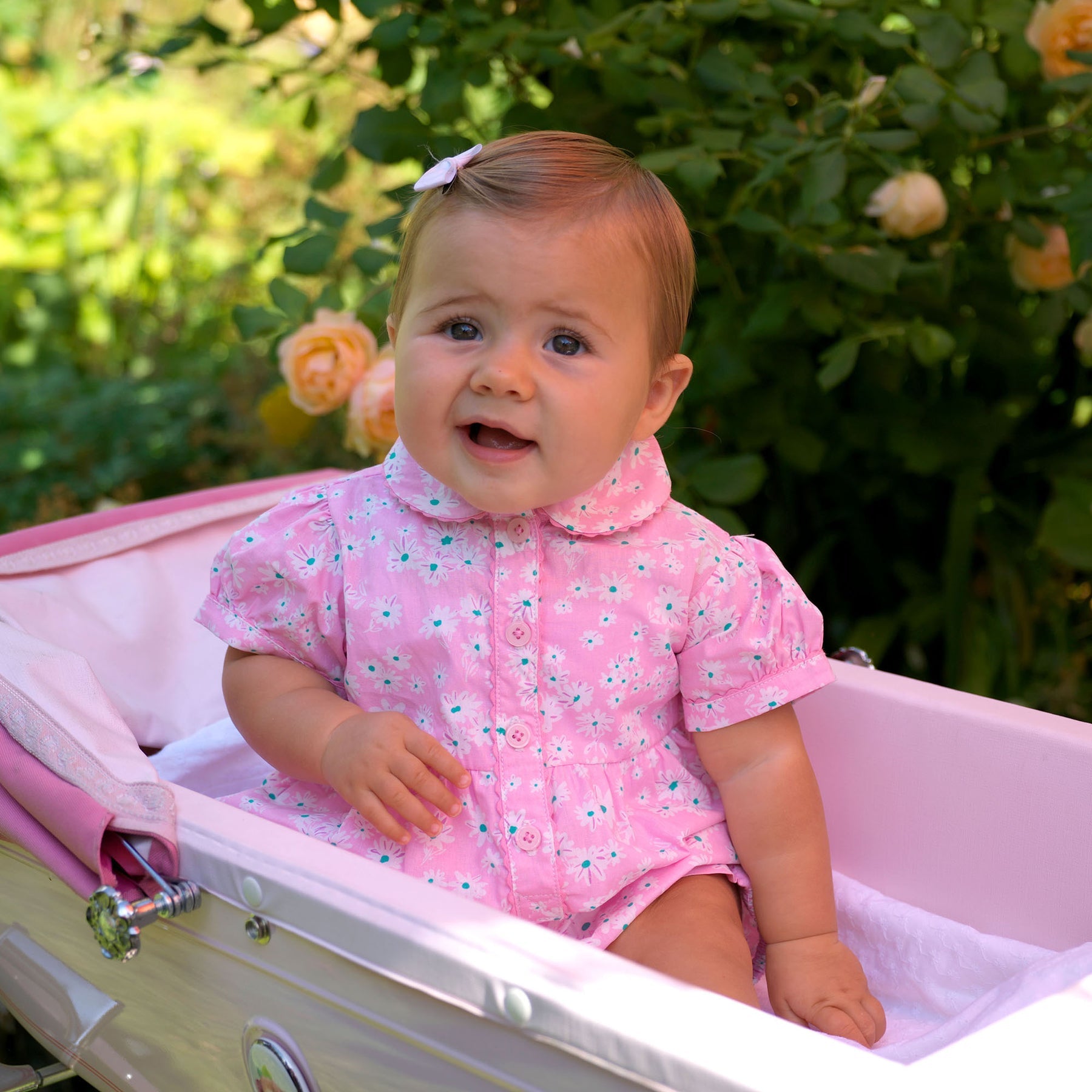 Rachel Riley Pink Daisy Button-Front Babysuit