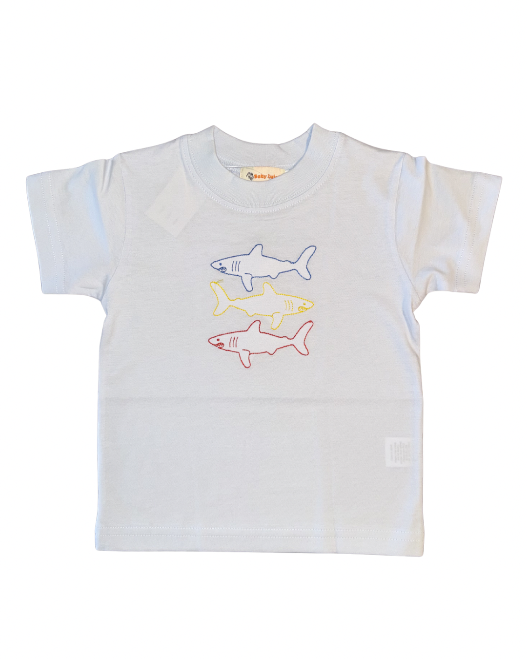 Luigi Tee Three Stacked Sharks on Baby Blue