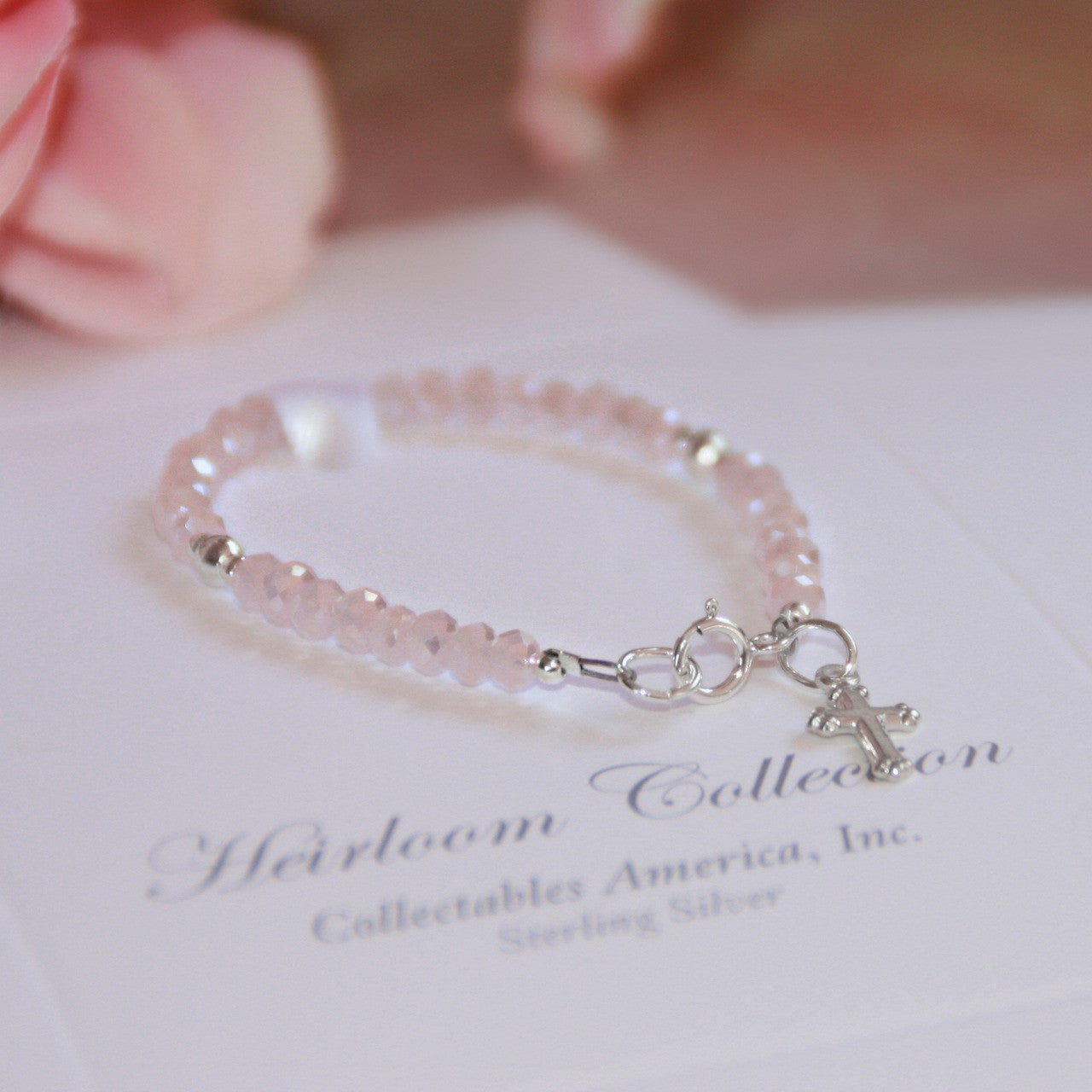 Collectables America Matte Pink Crystals & Sterling Silver Cross Bracelet