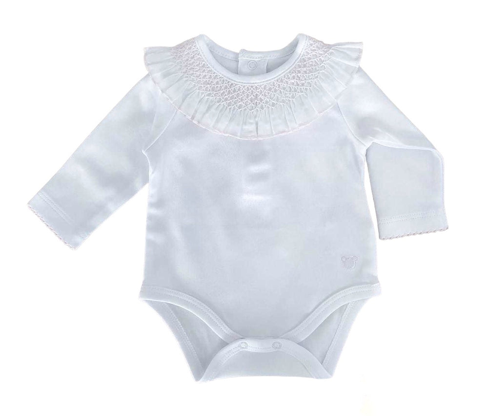 Tecomoabesos Smocked Collar Bodysuit, White with Pink