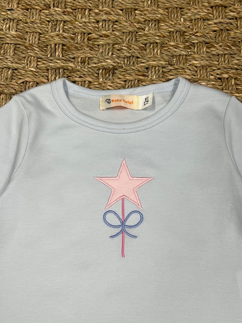 Luigi Ruffle Swing Top, Wand with Bow on Medium Baby Blue