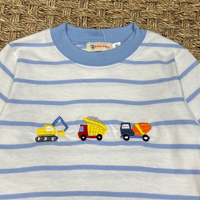 Luigi Striped Tee, Construction Icons on White/Sky Blue